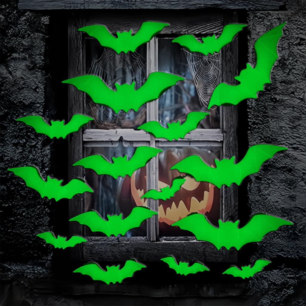16PCS Glow in The Dark Halloween Bat Wall Decals 3D Luminous Bats Halloween Wall Decorations Stickers Glowing Bat Self-Adhesive Window Clings for Scary Halloween Theme Party Decorations Supplies
