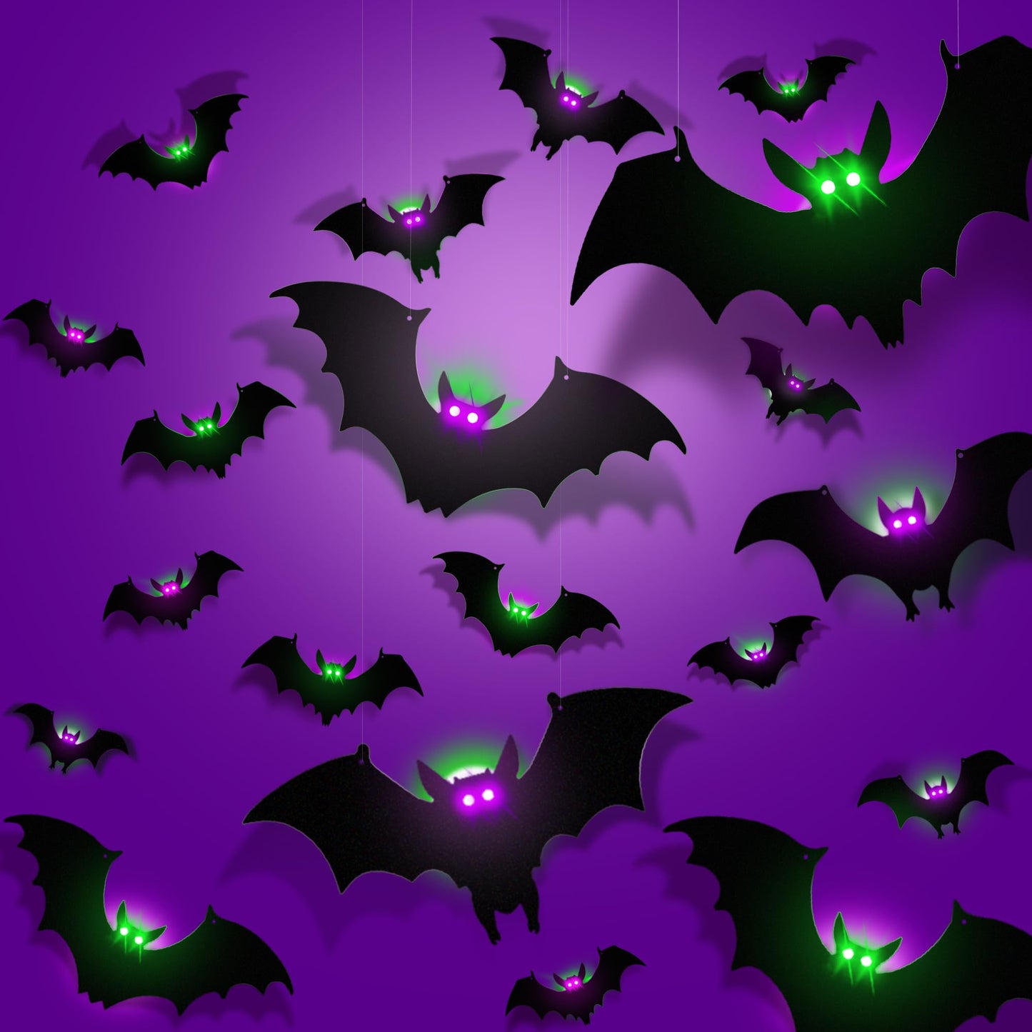 24 Pack Light-Up Halloween Bats Decorations Removable Hanging PVC Bats w Lights for Halloween Party Indoor Outdoor Home Window Garage