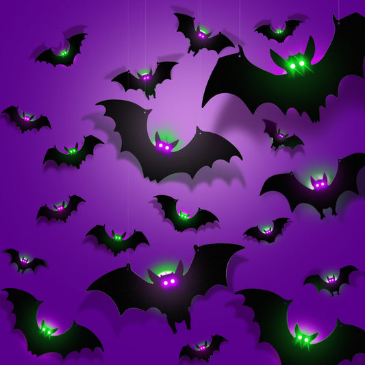 24 Pack Light-Up Halloween Bats Decorations Removable Hanging PVC Bats w Lights for Halloween Party Indoor Outdoor Home Window Garage