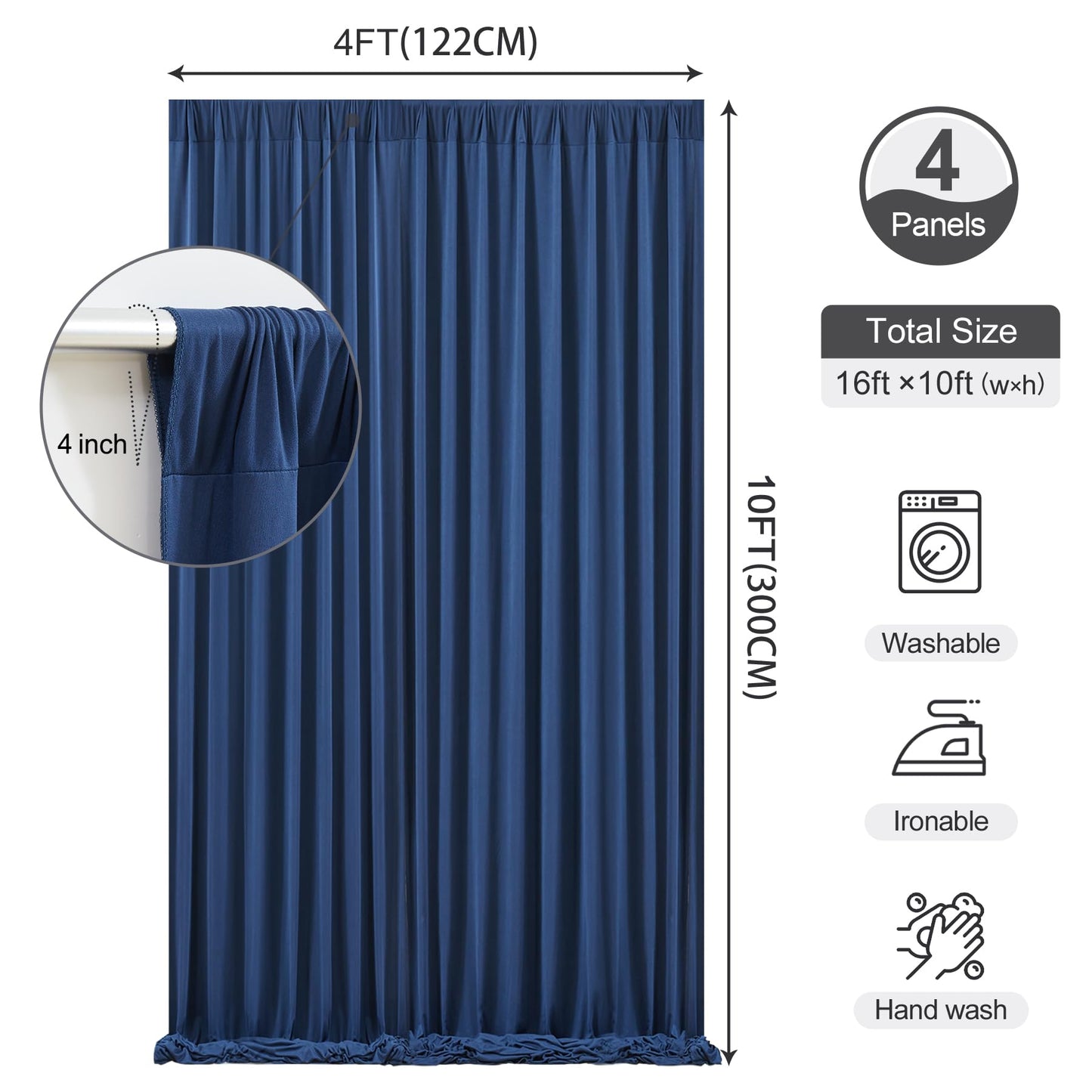 16 x 10ft Navy Blue Backdrop Curtains for Graduations Celebration Polyester Photo Backdrop Curtains No-Wrinkle Long Curtains for Parties Decorations Retirement Birthday Wedding Photoshoot, 4 Panels