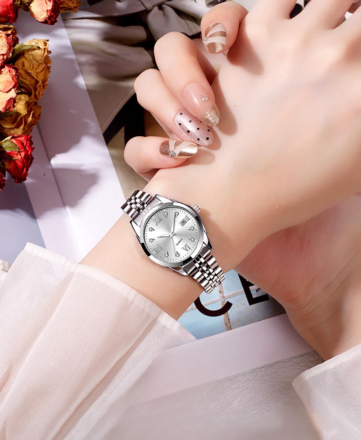 Women's Bracelet Watch Stainless Steel Quartz Watch Luminous Waterproof Watch Business Watches for Women (White)