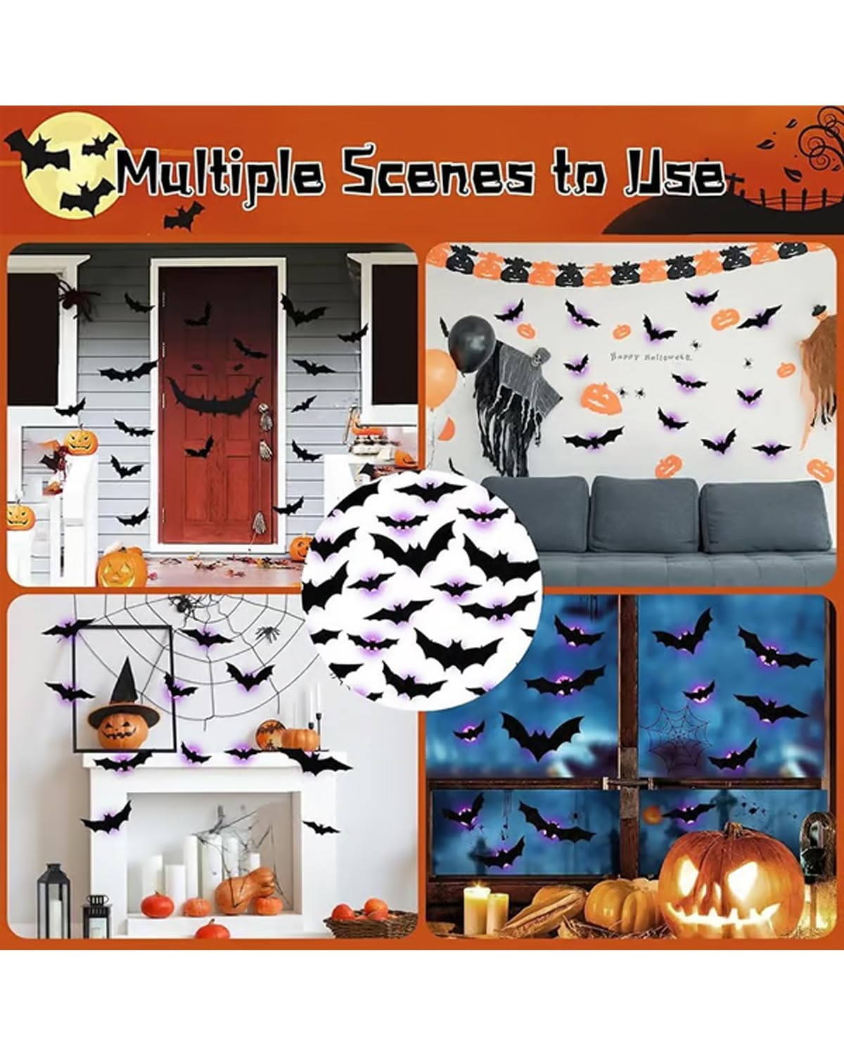 3D Bat Design LED Decoration - 2025 Halloween Lighted Stickers Decor Light - Hanging Wall Luminous Glow Clings for Home Bar Halloween Party (Bats-12PCS)