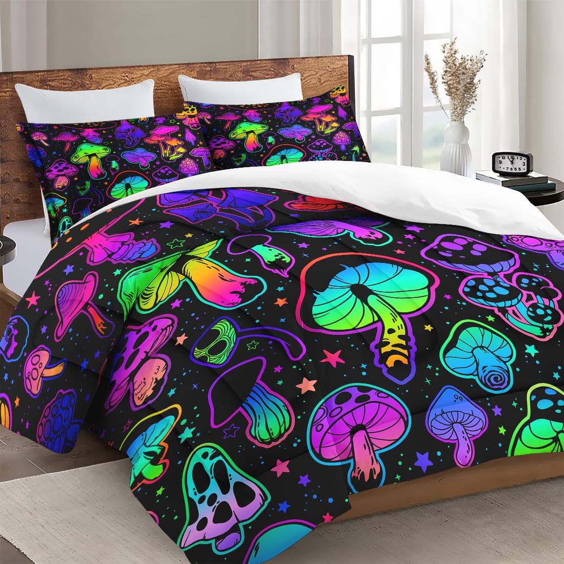 WeCozy Queen Size Comforter Set with 2 Pillowcases, Summer Halloween Mushroom Neon Soft 3 Pcs Bedding for Kids and Adults Bedroom Bed Decor