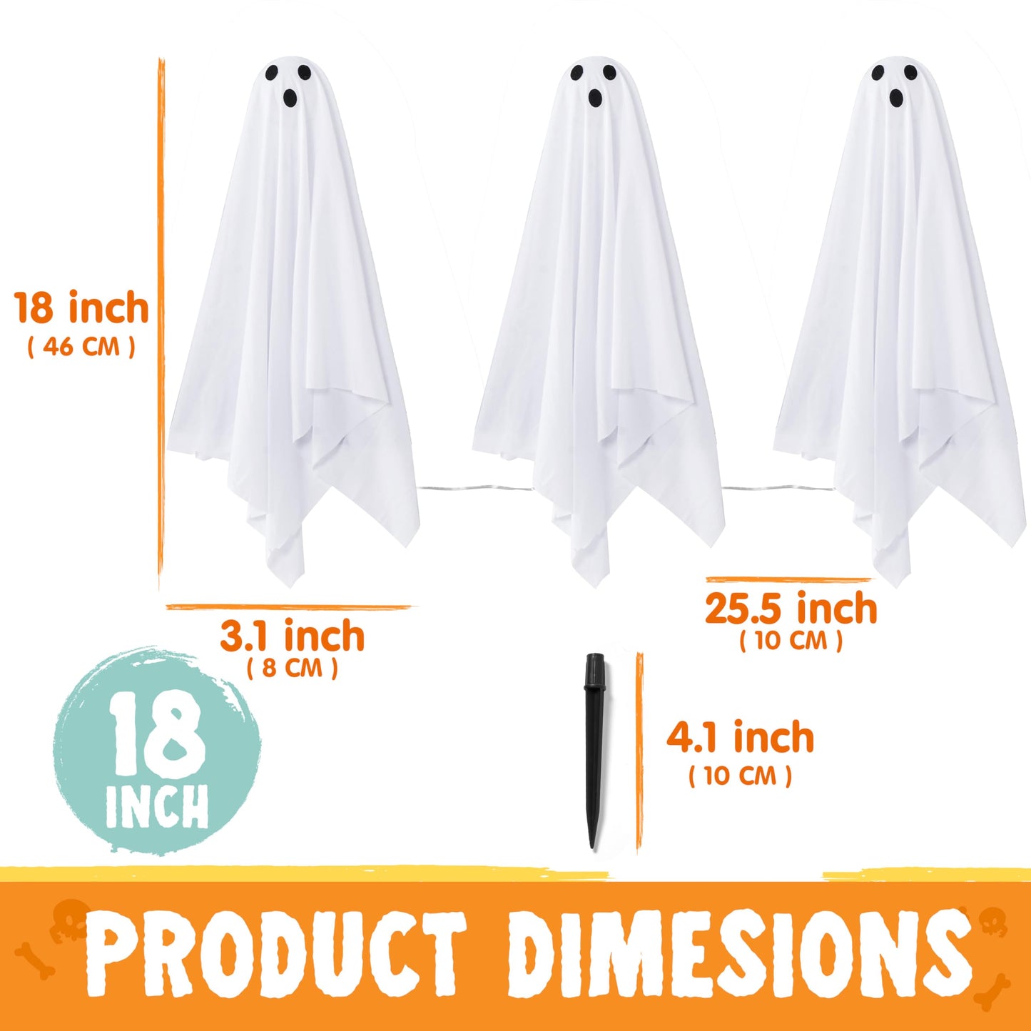 JOYIN 6 Pcs Halloween Decorations Outdoor Ghosts Pathway Lights, 18” White Light Up Cloth Ghost with Yard Stakes for Graveyard Yard Lawn Garden Prop, Party Decor Supplies