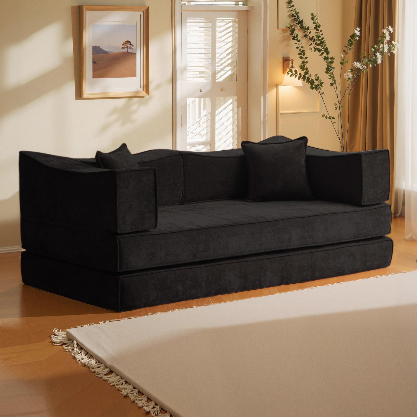 78.8''Convertible Floor Sofa Bed Combination Modular Boneless Couch Compression Sofa Couch Foldable Lazy cama for LivingRoom，Bedroom（Black）