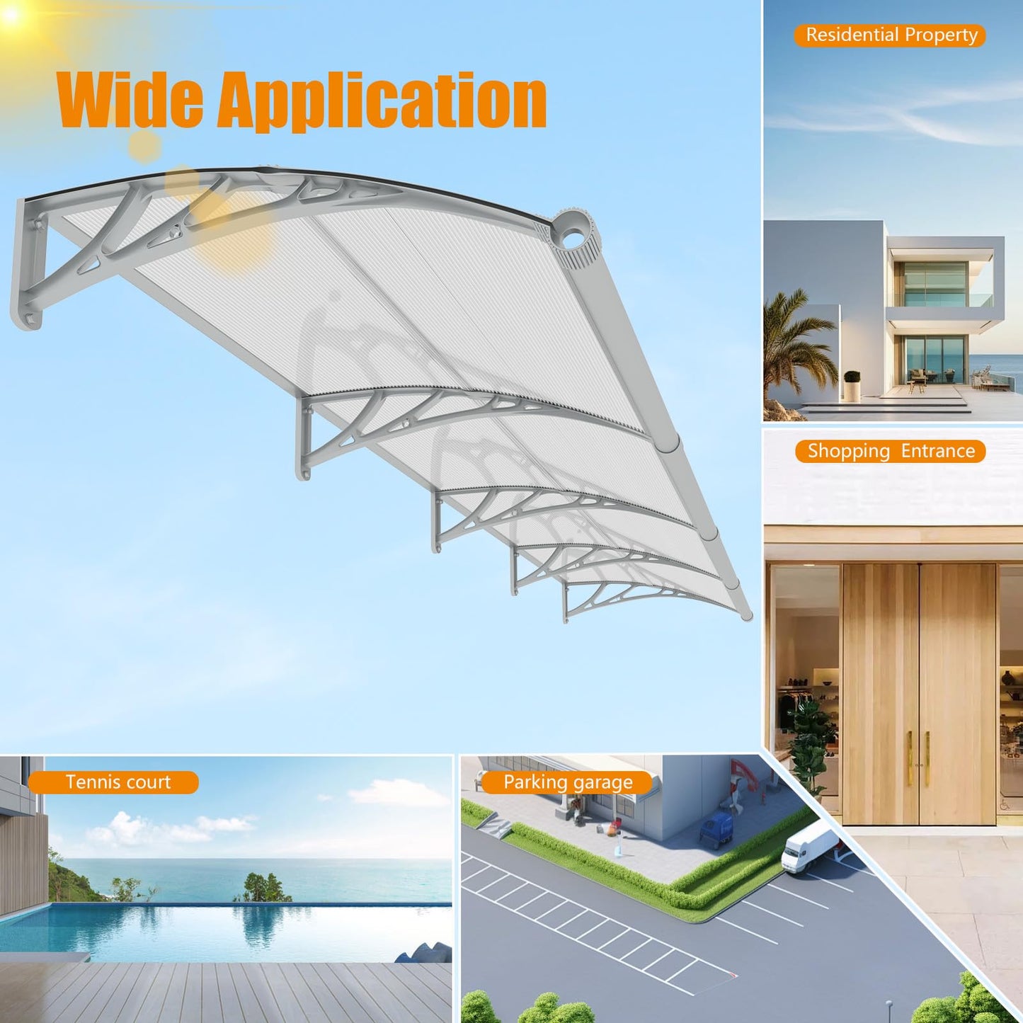 Window Awning Door Canopy 32"x80", Awnings for Doors Polycarbonate Cover Patio Door Awning UV Rain Snow Sunlight Protection Hollow Sheet with Separate Drainage Sink, Gray Bracket & Transparent Board