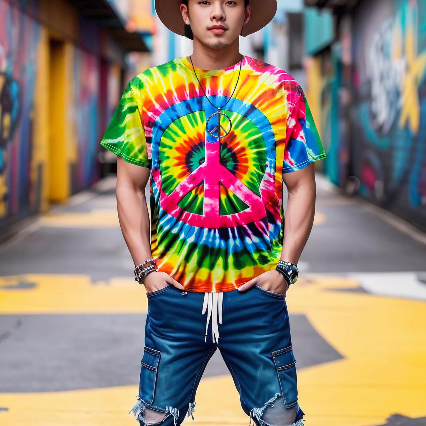 XonyiCos Hippie Costume for Men Women 60s and 70s colorful T-shirt sunglasses headband Peace necklace 4-piece theme party (Peace colorful 4-piece Set, X-Large)