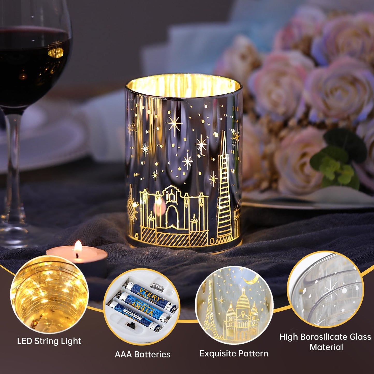 Votive Candle Holders, SunGlee Tealight Candle Holder with Gift Box, Glass Candle Holder with LED Light for Table Centerpieces, Tea Party, Wedding, Birthday, Various Themed Parties Table Decor 2Pack