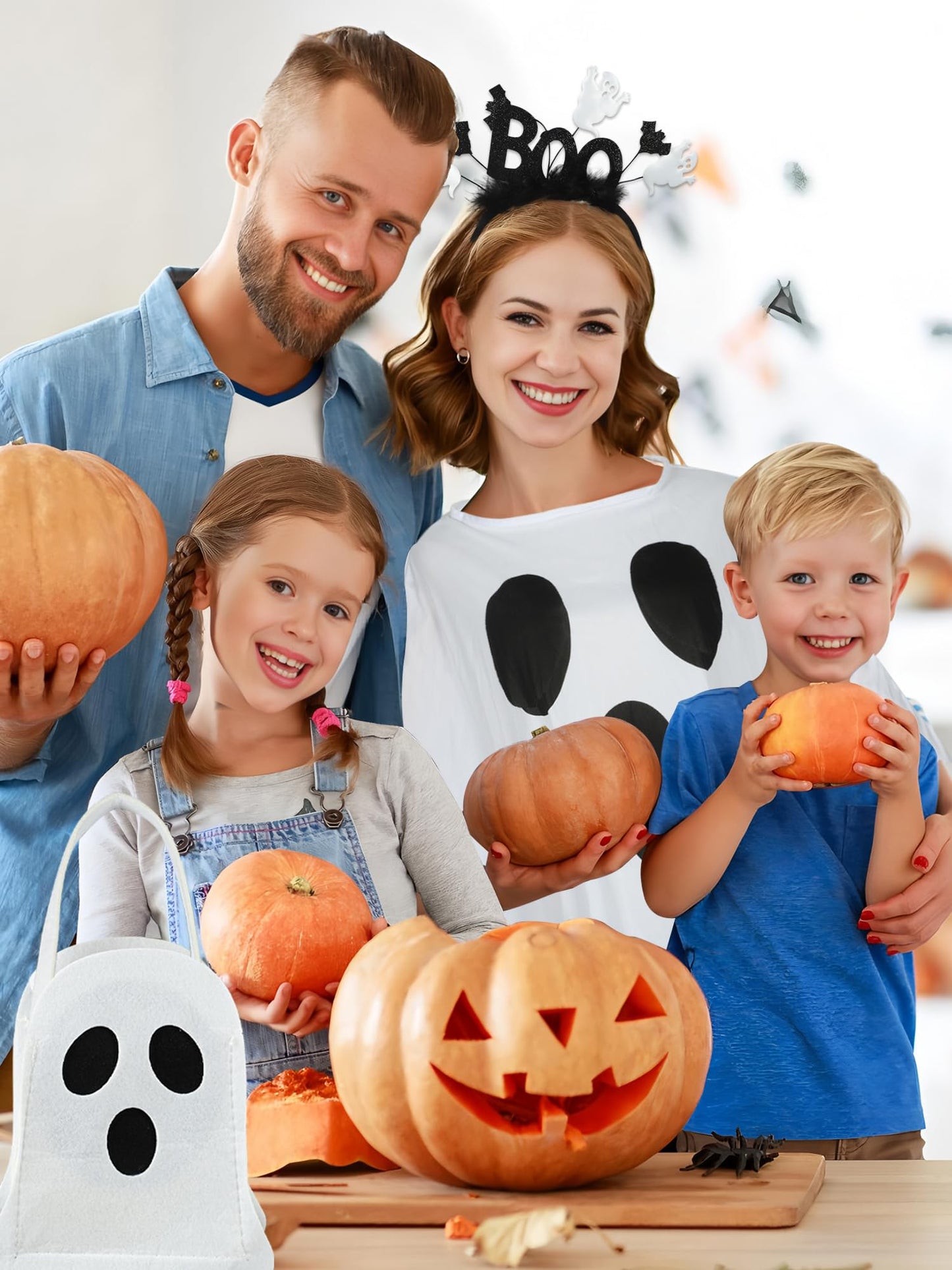 3PCS Halloween Costume Set Women Ghost Costume with White Ghost Poncho Boo Headband Candy Bag Halloween Ghosts Cape Outfit for Halloweens Cosplay Party