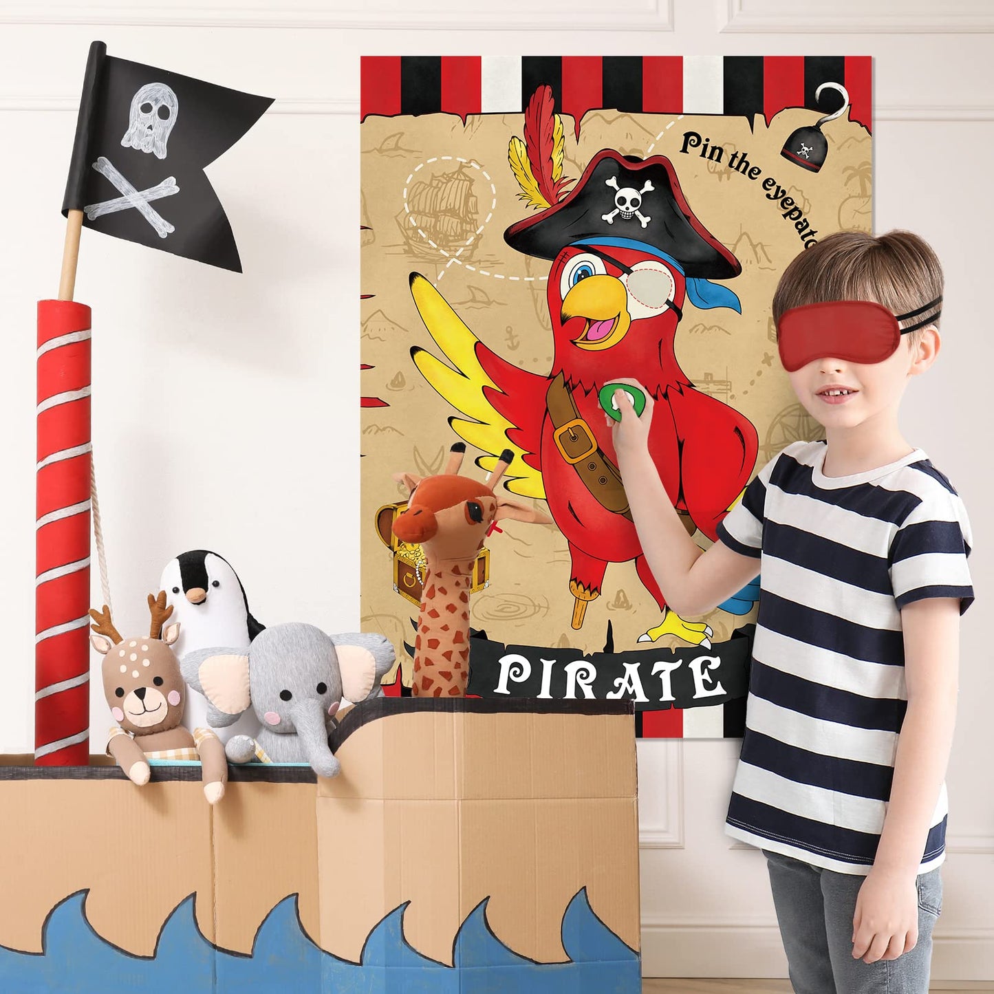 WERNNSAI Pin The Eye Patch on The Pirate - Kids Birthday Party Games Pirate Party Decorations for Kids Boys 28'' x 21'' Parrot Poster with 24 PCS Stickers Halloween Birthday Party Favor