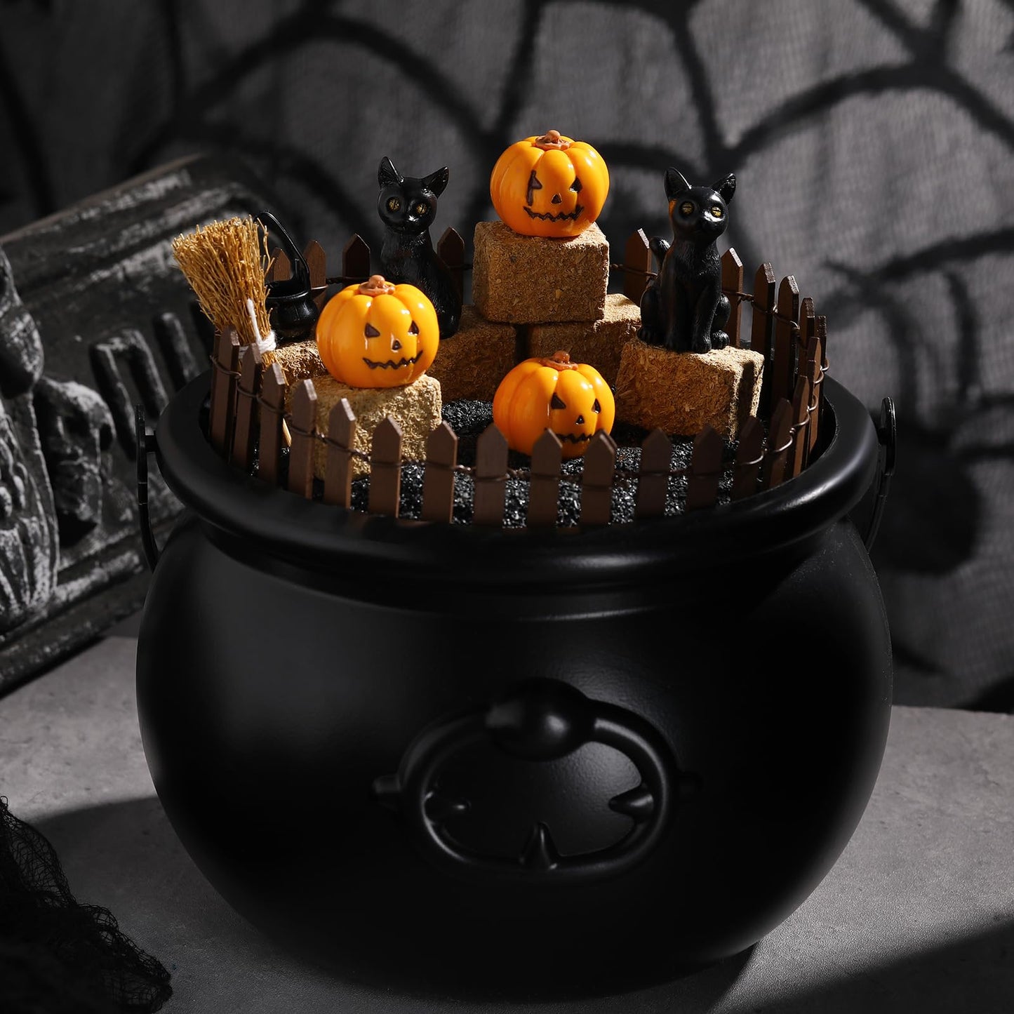 Wesiti 14 Pcs Halloween Village Accessories Set Halloween Miniature Figurines Included Pumpkins, Black Cat, Hay Bales, Witch Pot, Broom and Fence for Hallowmas Dollhouse Tabletop Party Decor