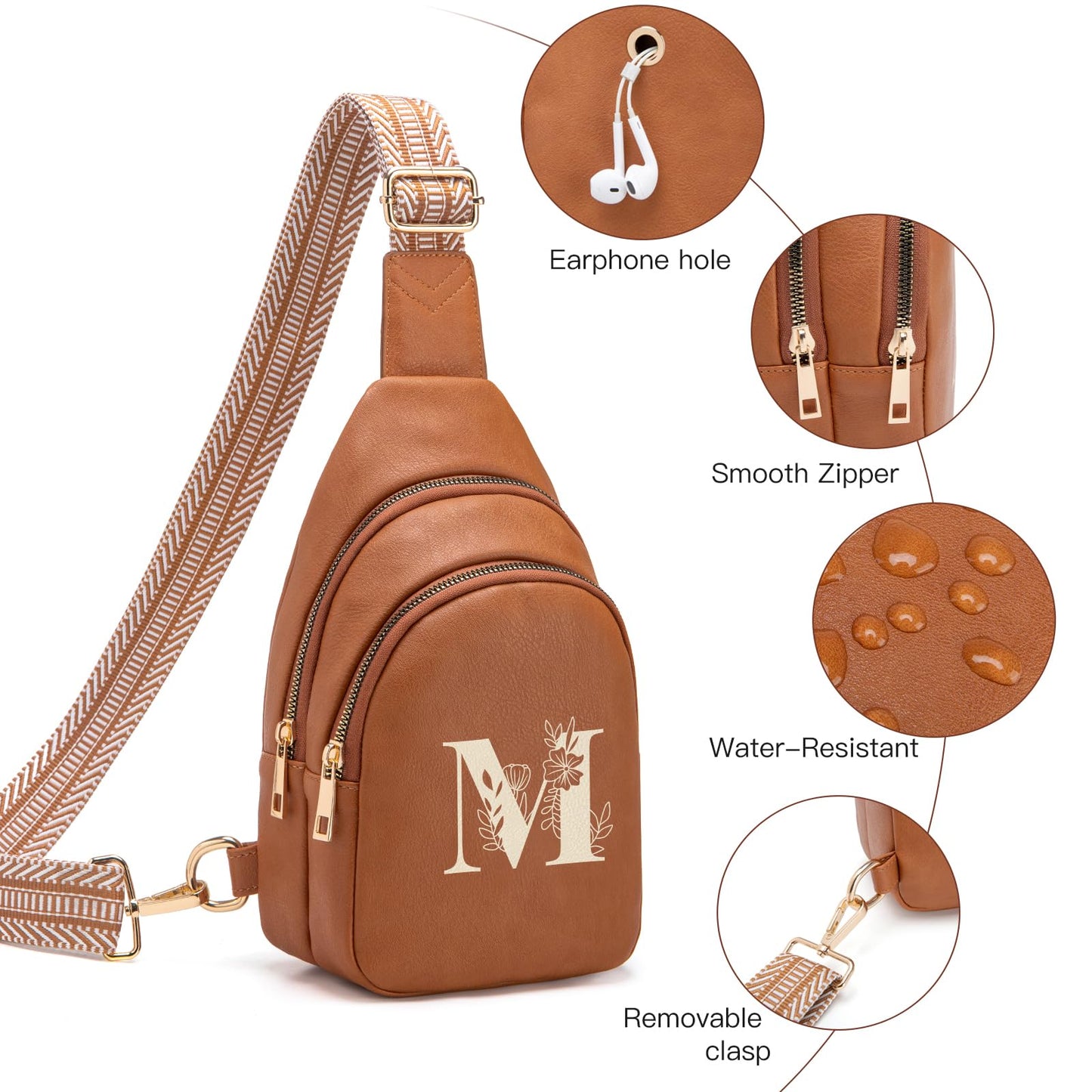 Viverte Personalized Mothers Day Gifts Initial Sling Bag PU Crossbody Bags for Women Mother's Day Birthday Gifts for Women Mom Sister Wife (Brown-M)