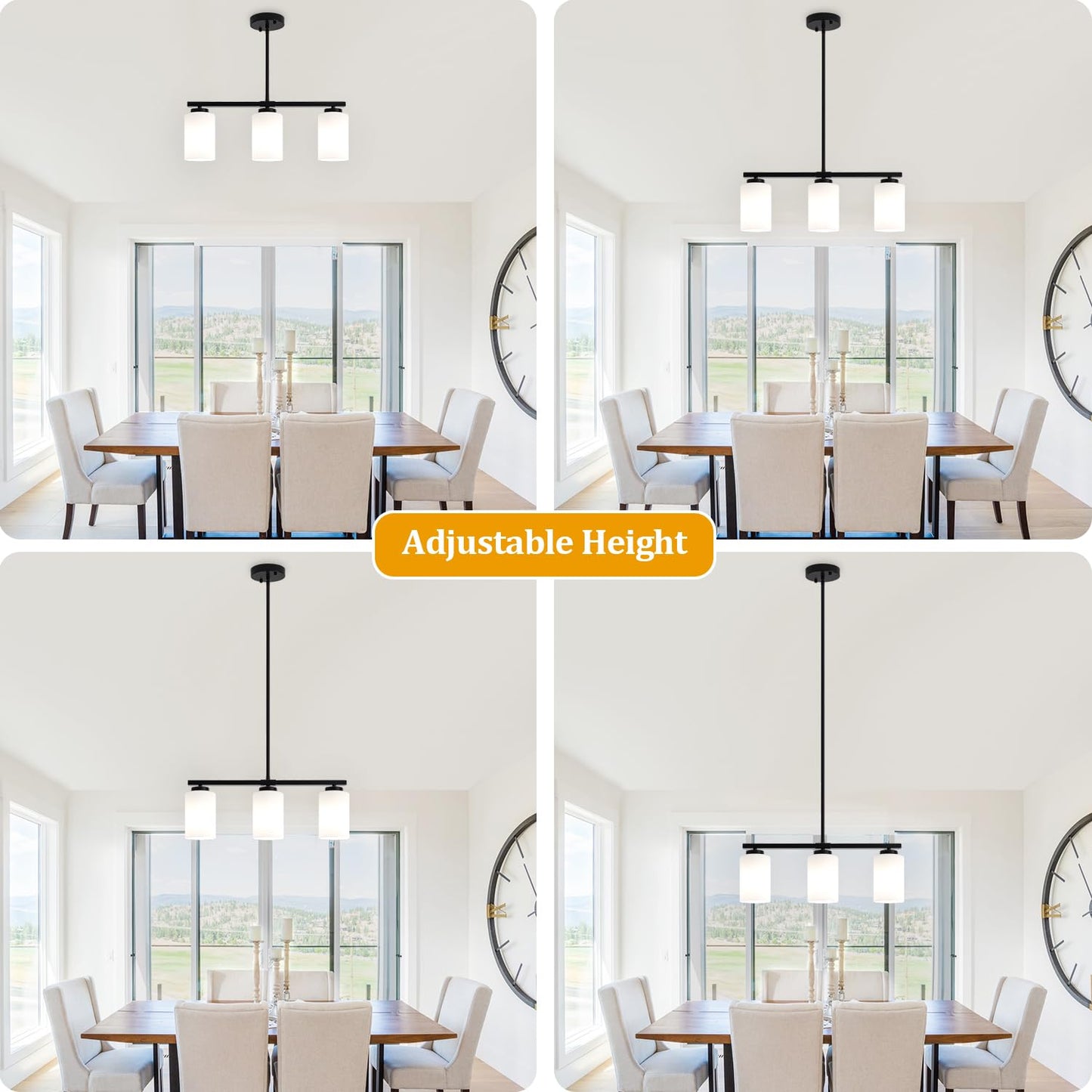 21.25'' Kitchen Island Light Fixtures, 3-Light Modern Dining Room Light Fixture, Black Pendant Lights with Milk Glass Shade, Linear Chandelier over Dining Table Lighting with Adjustable Rod, UL Listed