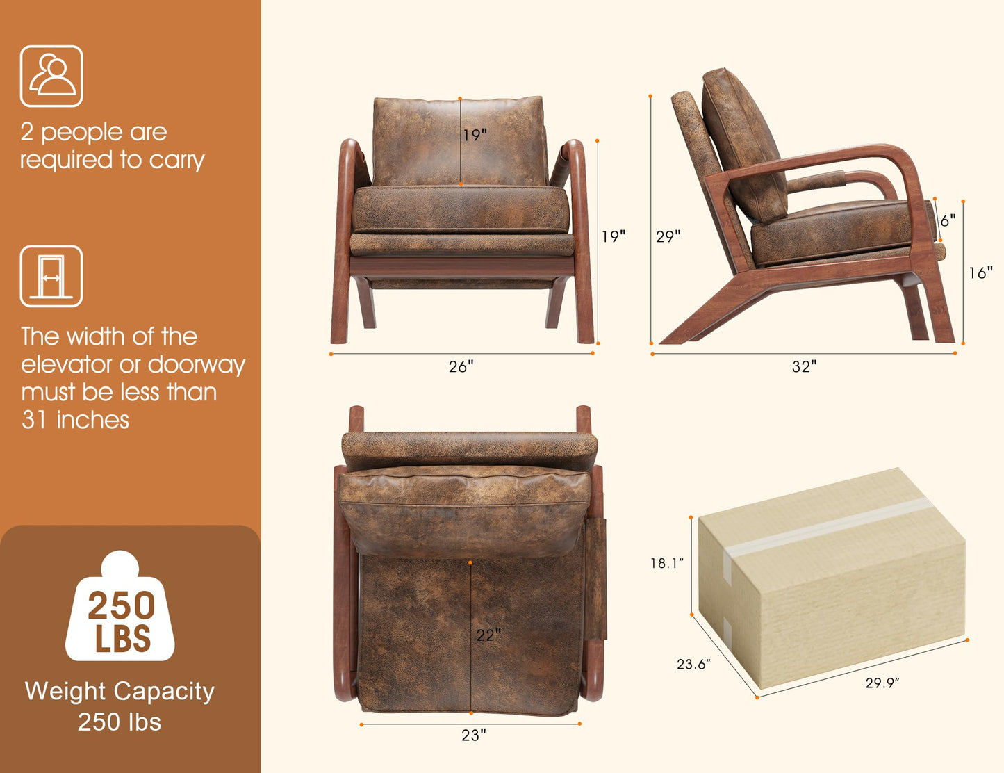 AILIUHUA Mid Century Modern Chair Set of 2, Upholstered Lounge Arm Chair with Solid Wood Frame, Comfy Accent Chair for Living Room, Bedroom, Reading, Reception, Brown