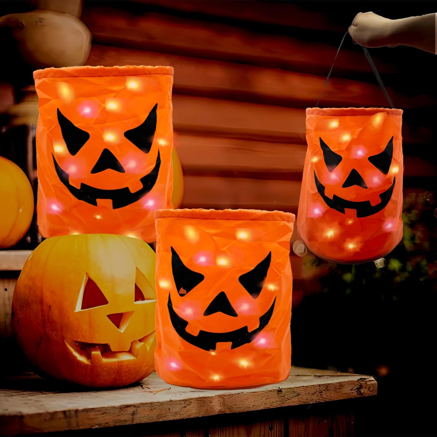 3PCS LED Light Halloween Candy Bags Light Up Halloween Party Bags Trick or Treat Goody Buckets with Pumpkin Smile Face Multipurpose Reusable Halloween Favor Gift Bags for Party Supplies Favors