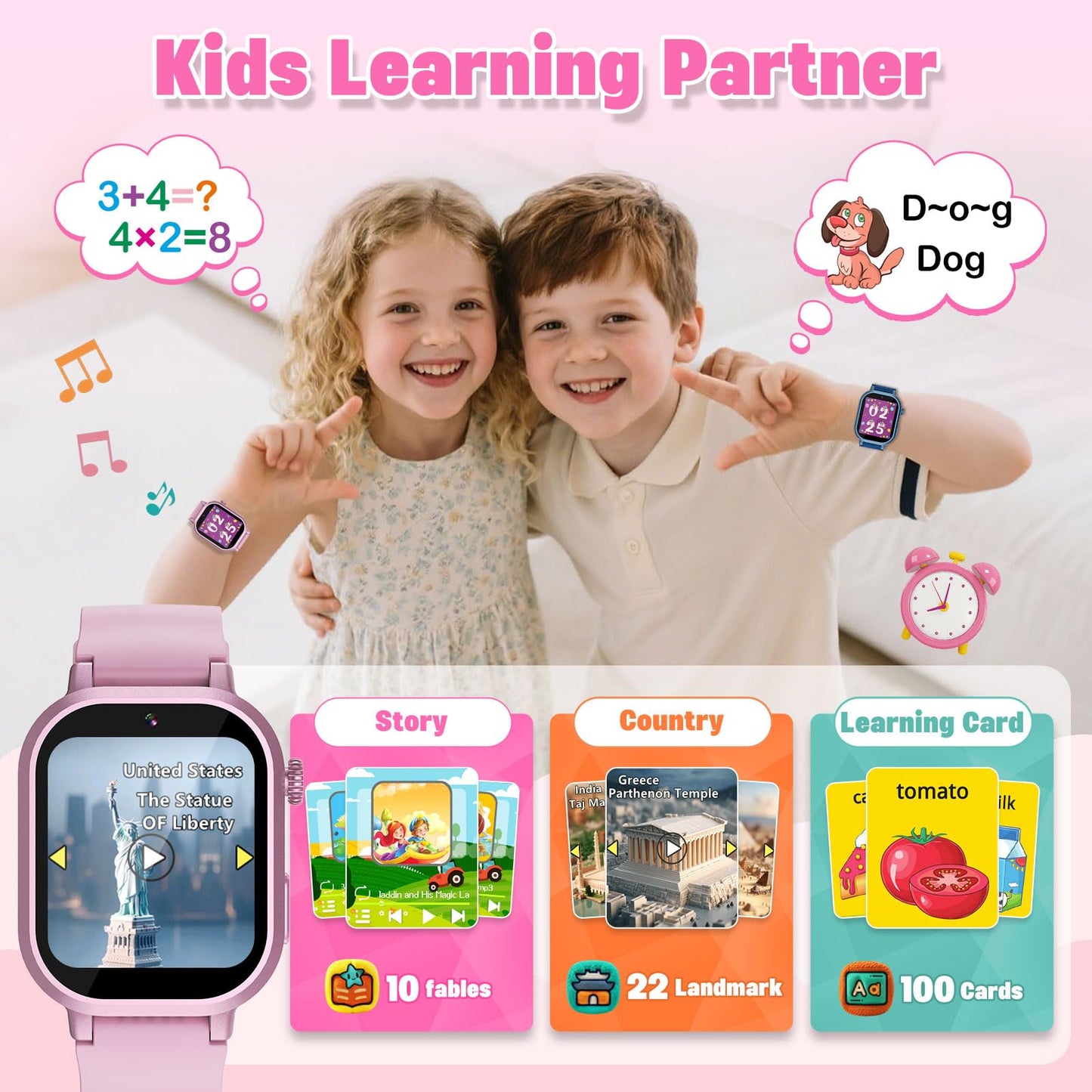 Wiszodet Kids Waterproof Smart Watch Girls Gift Age 3-12 with 39 Game HD Touch Screen Music Player Video Camera Pedometer Alarm Clock Birthday Gift for 6 7 8 9 Year Olds Pink