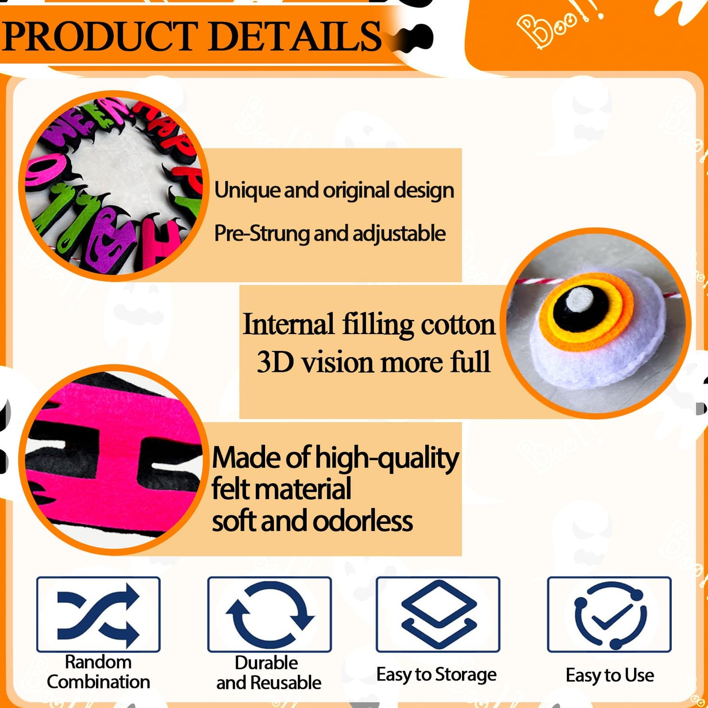 2Pcs Felt Halloween Banner Decorations, Pre-Strung Happy Halloween Garland with Eyeballs, Reusable Halloween Party Decorations for Mantle Wall Mantel Fireplace Home Indoor Outdoor Décor