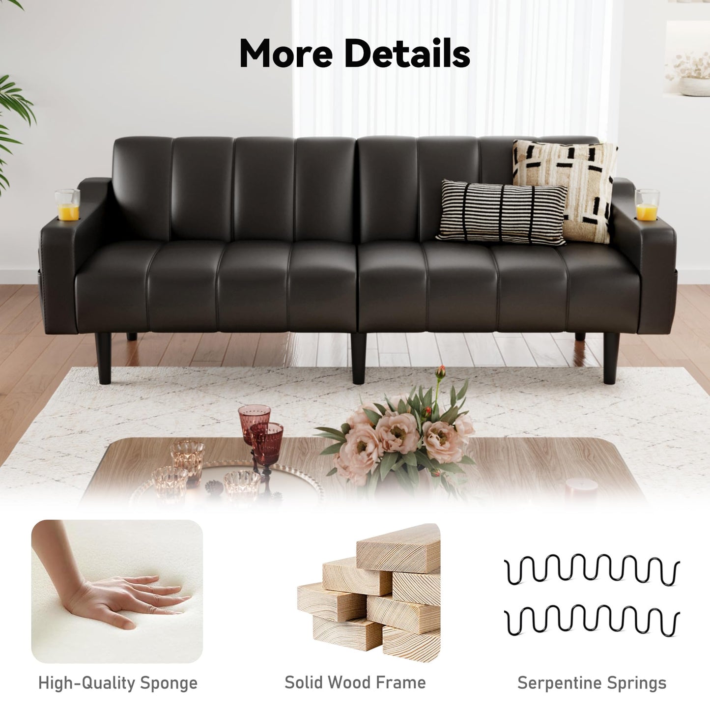 80'' Leather Couch, Futon Sofa Bed, Faux Leather Couch with Adjustable Backrest, 2 Cup Holders & Side Pockets, Mid Century Modern Sofa for Living Room, Bedroom, Black
