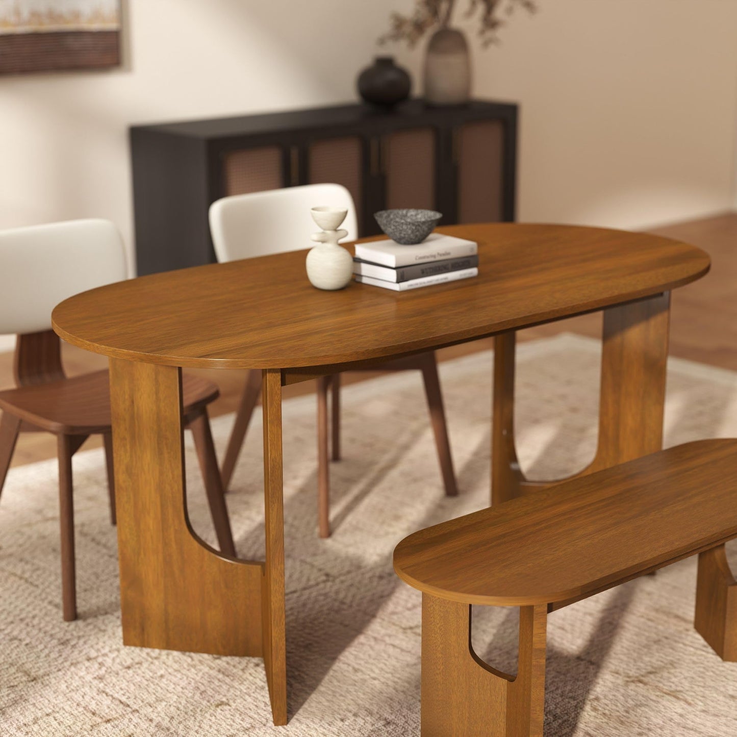 63 Inch Oval Dining Table for 4-6 People, Wooden Dining Room Table with Heavy Duty Legs, Mid Century Modern Dinner Table Kitchen Tables for Dining Room, Easy Clean(Walnut)