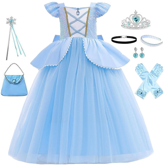 WYB Girls Princess Costume Dresses Blue Princess Dress Up Clothes with Accessories for Halloween Cosplay Carnival Party (5-6 years)
