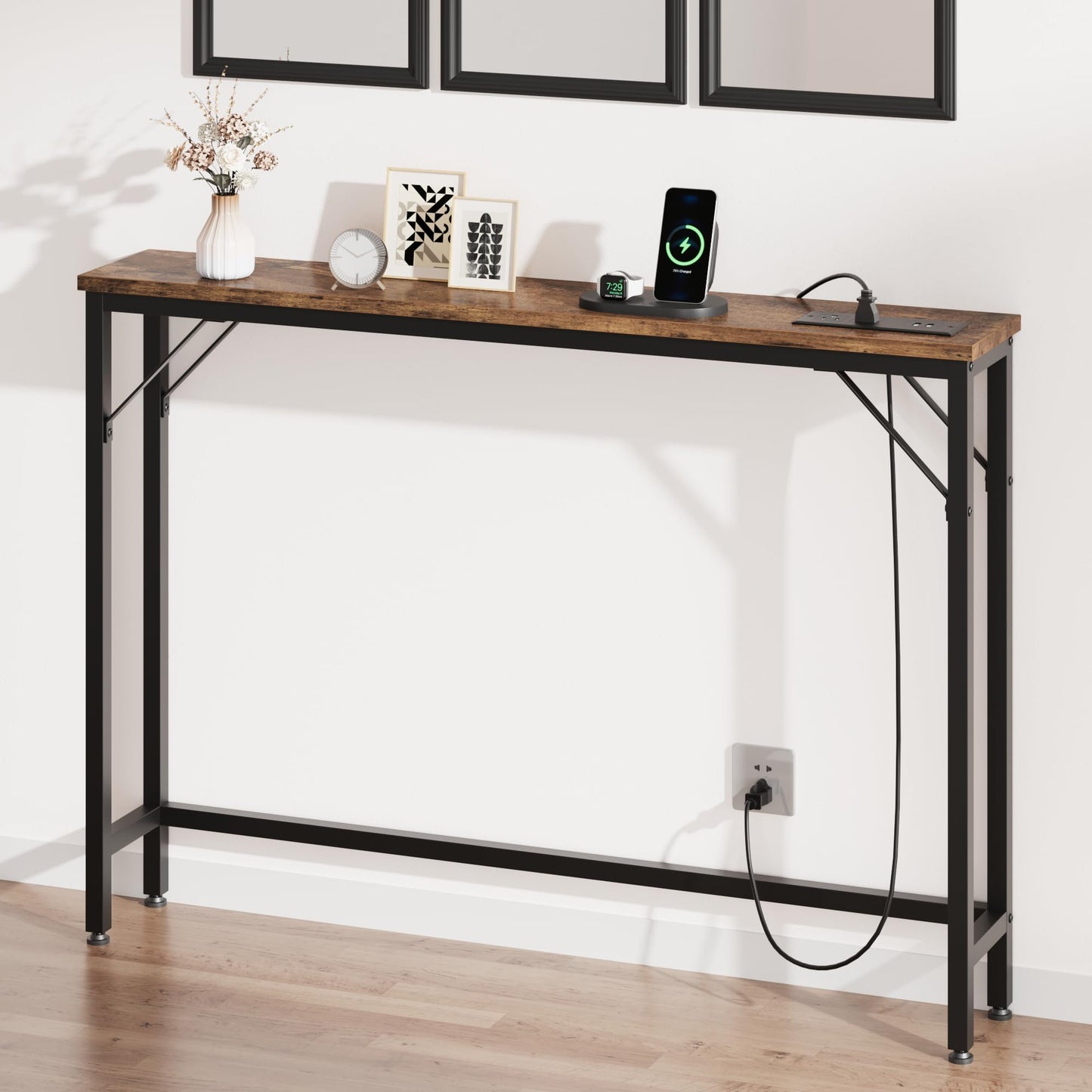 31.4"H Narrow Single-Layer Sofa Back Table with Power Supply, Pure Retro Color - Metal & Particleboard Frame, 2 Power Outlets & 2 USB Ports, Black Sand Powder-Coated Main Frame, Console Sofa Table