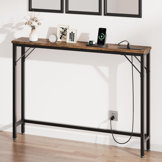 31.4"H Narrow Single-Layer Sofa Back Table with Power Supply, Pure Retro Color - Metal & Particleboard Frame, 2 Power Outlets & 2 USB Ports, Black Sand Powder-Coated Main Frame, Console Sofa Table