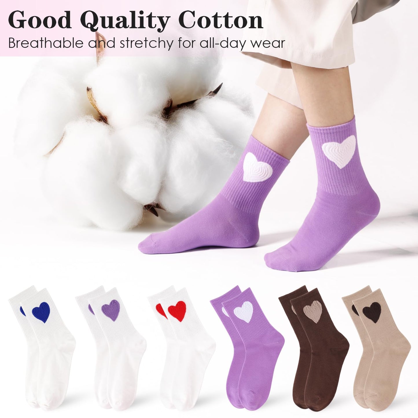 Worive 6 Pairs Women's Crew Socks Ankle High Cotton Funny Cute Heart Athletic Running Calf Gifts for Birthday Style 2 White