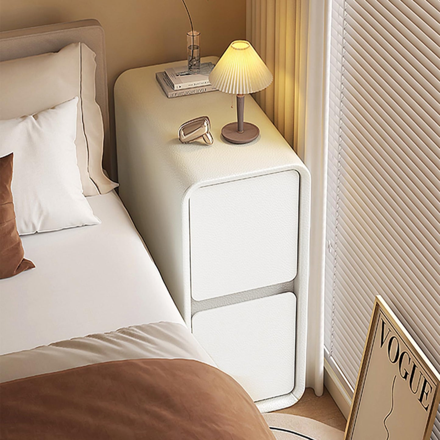 VVNO LIKK Narrow Nightstand, Solid Wood Night Stand for Small Spaces, Modern Cream Nightstand with 2 Storage Drawers, Slim Bedside Table for Bedroom Living Room (1pack)
