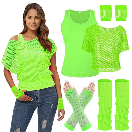 WILDPARTY Women Casual Sexy 80s Costumes Fishnet Neon Off Shoulder T-Shirt Two Pieces, Fishnet Gloves, Legwarmers 80s Outfits for Women 80s Costume Accessories for 80s Party (Green XXL)