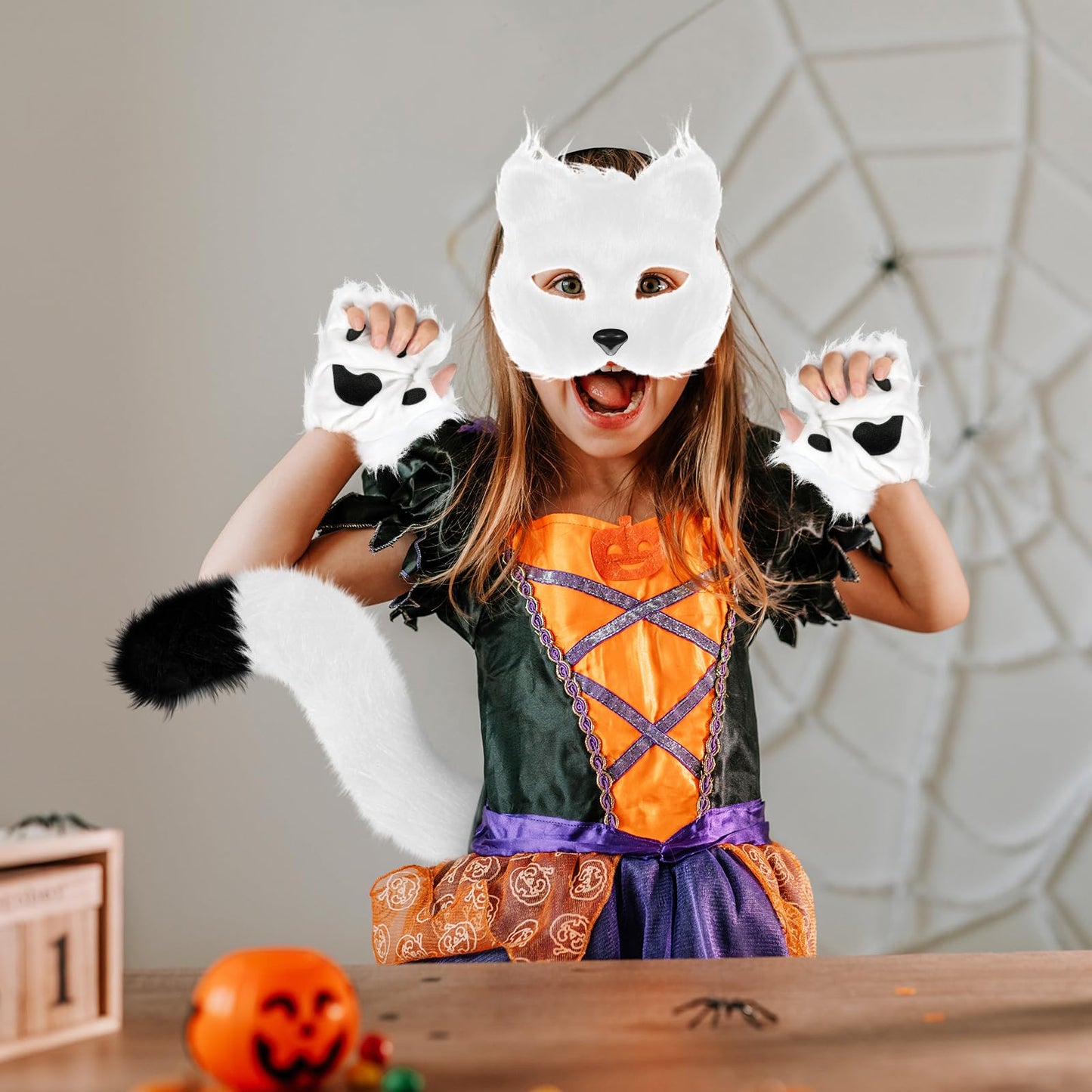 XEPST Furry Fox Wolf Cosplay Set with Mask Tail Paw Gloves, Animal Cosplay Costume Kit for Anime Fancy Dress Accessories Halloween Christmas Dress Up Carnival Role Play Party Supplies, White