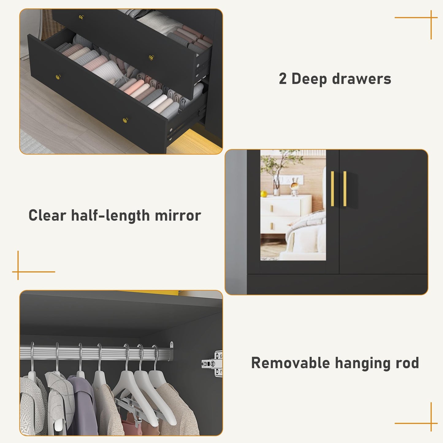 3 Doors Armoire Wardrobe Closet with Mirror, LED Storage Cabinet with Drawers, Wooden Closet with Hanging Rod, Adjustable Shelves, Black