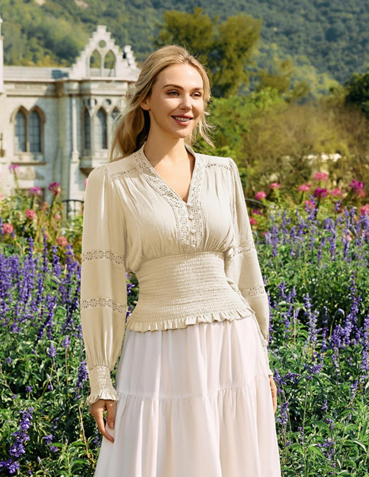 Women's Renaissance Peasant Blouse Smocked Waist Boho Shirts Pirate Tops Beige Medium