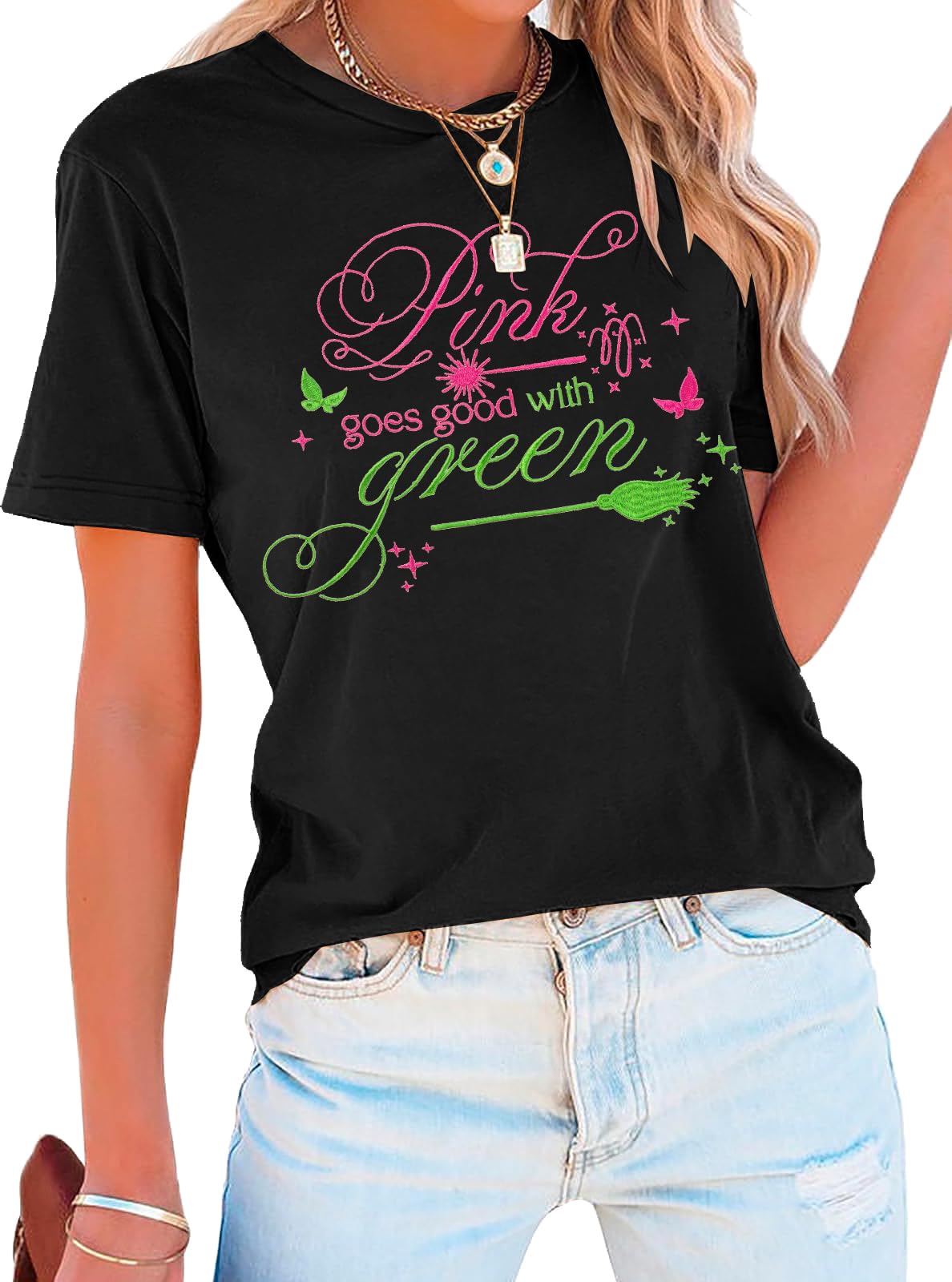 Women Pink Goes Good with Green Shirt Embroidery Musical Movie Shirts Witch and Princess Tee Musical Fan Gift Tops