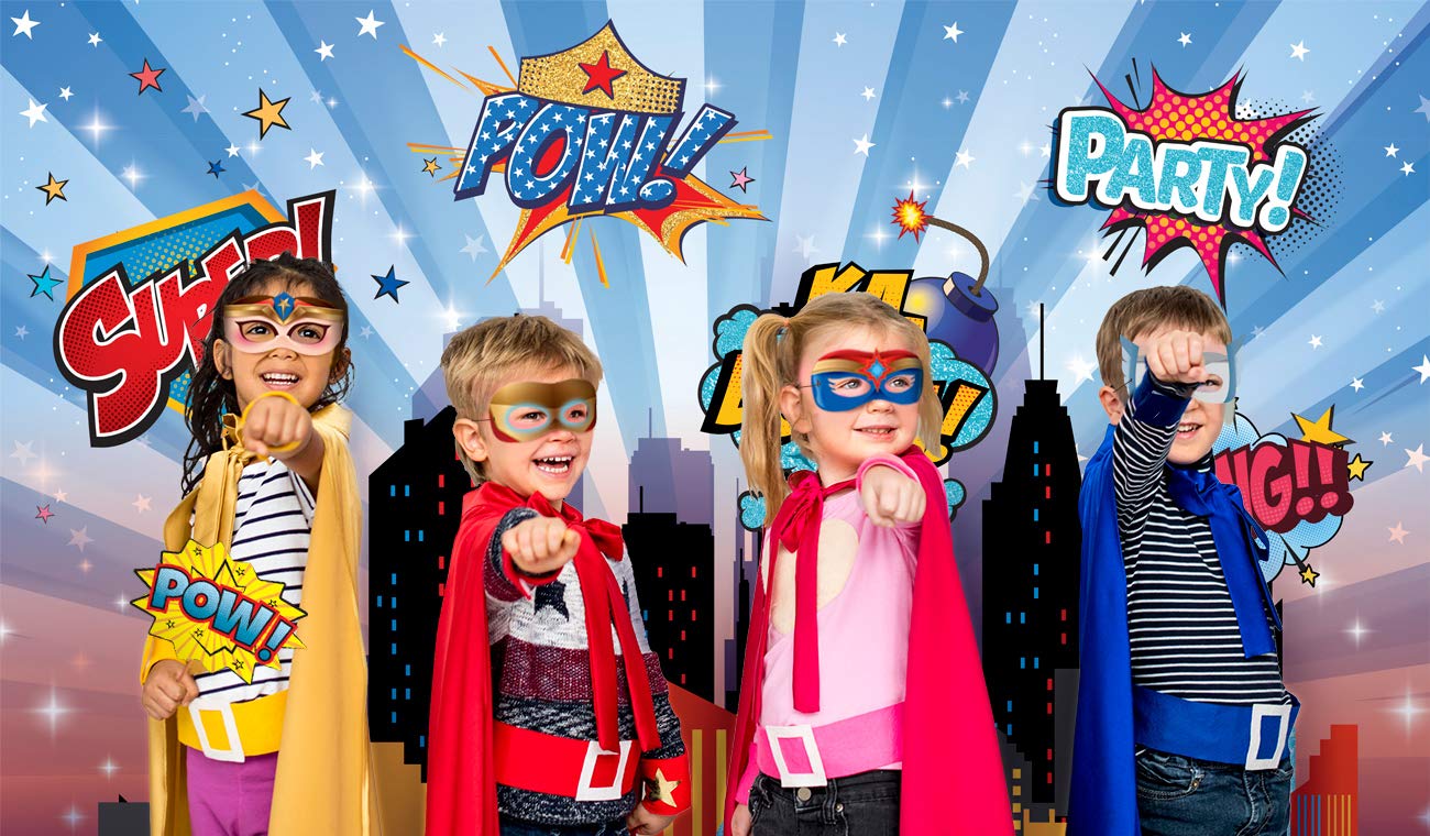Wonder Woman and Other Superheroes Cityscape Photography Backdrop, Studio Props & Mask. Great as Super Hero City Photo Booth Background – Girl Birthday Party & Event Decorations