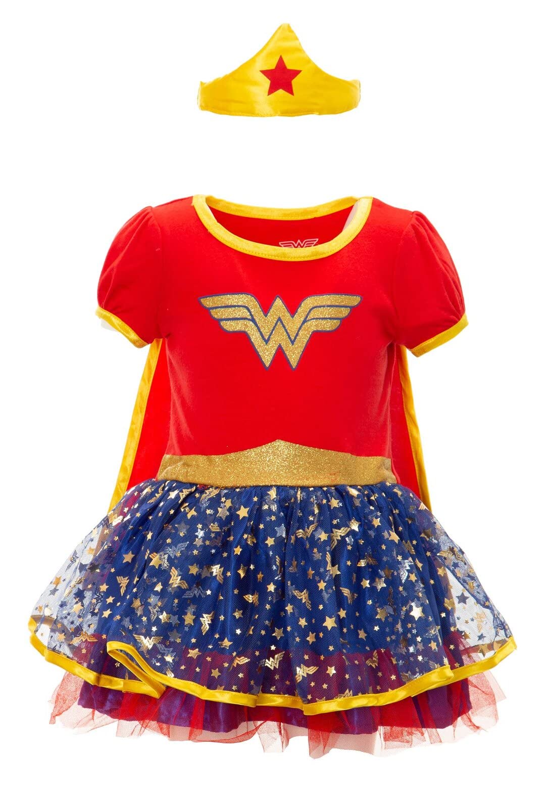 Wonder Woman Toddler Girls' Costume Dress with Gold Tiara Headband and Cape, Red (5T)