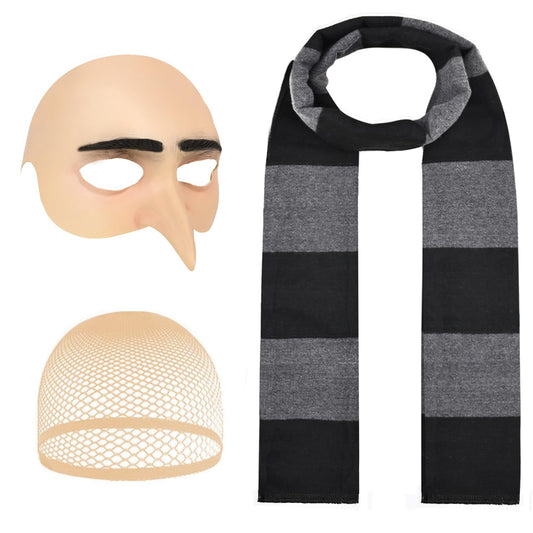 3Pcs Halloween Costume for Adult, 2025 Bald Cap for Men Halloween Black Gray Striped Scarf and Mesh Wig Cap,Cosplay Classic Characters Party Set