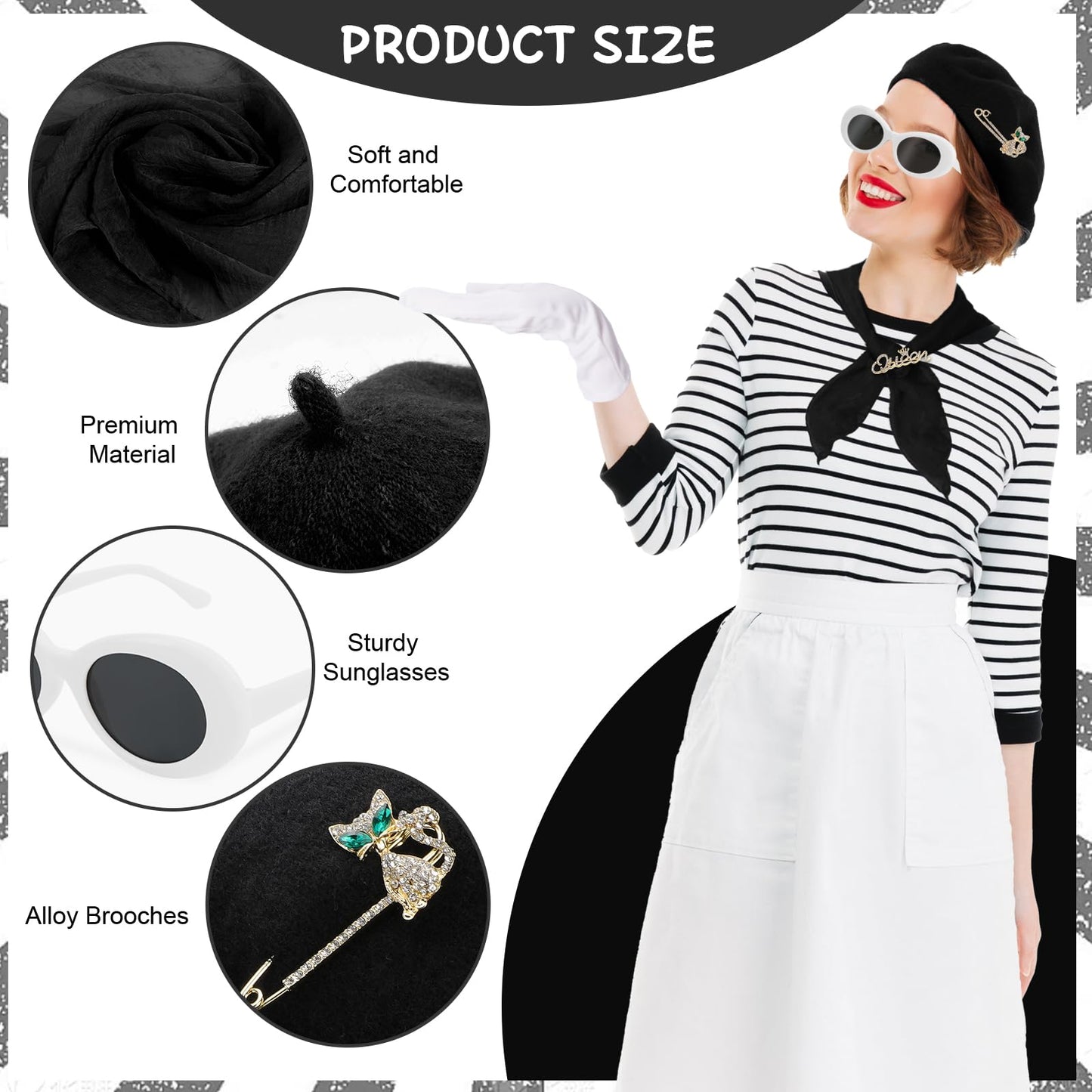 XEPST 6PCS French Women set - 50s Fancy Dress for Women with Black Beret Sunglasses Scarf Gloves Brooches French Artist Mime Kit for Halloween Costumes Cosplay Carnival Fancy Dress Up, Black