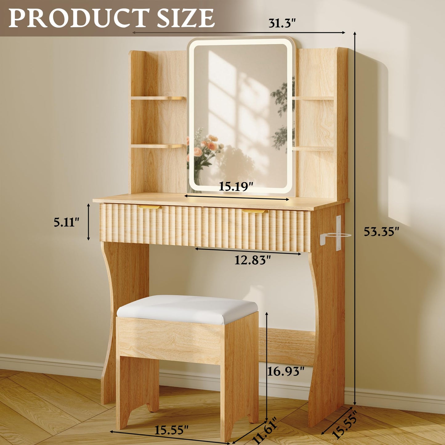Wood Makeup Vanity Desk with Mirror and Lights, Fluted Vanity Table Set with Power Outlet, Dressing Table with 2 Drawer & 4 Storage Shelves, Adjustable RGB Lighting, Includes Chair for Girl’s Bedroom