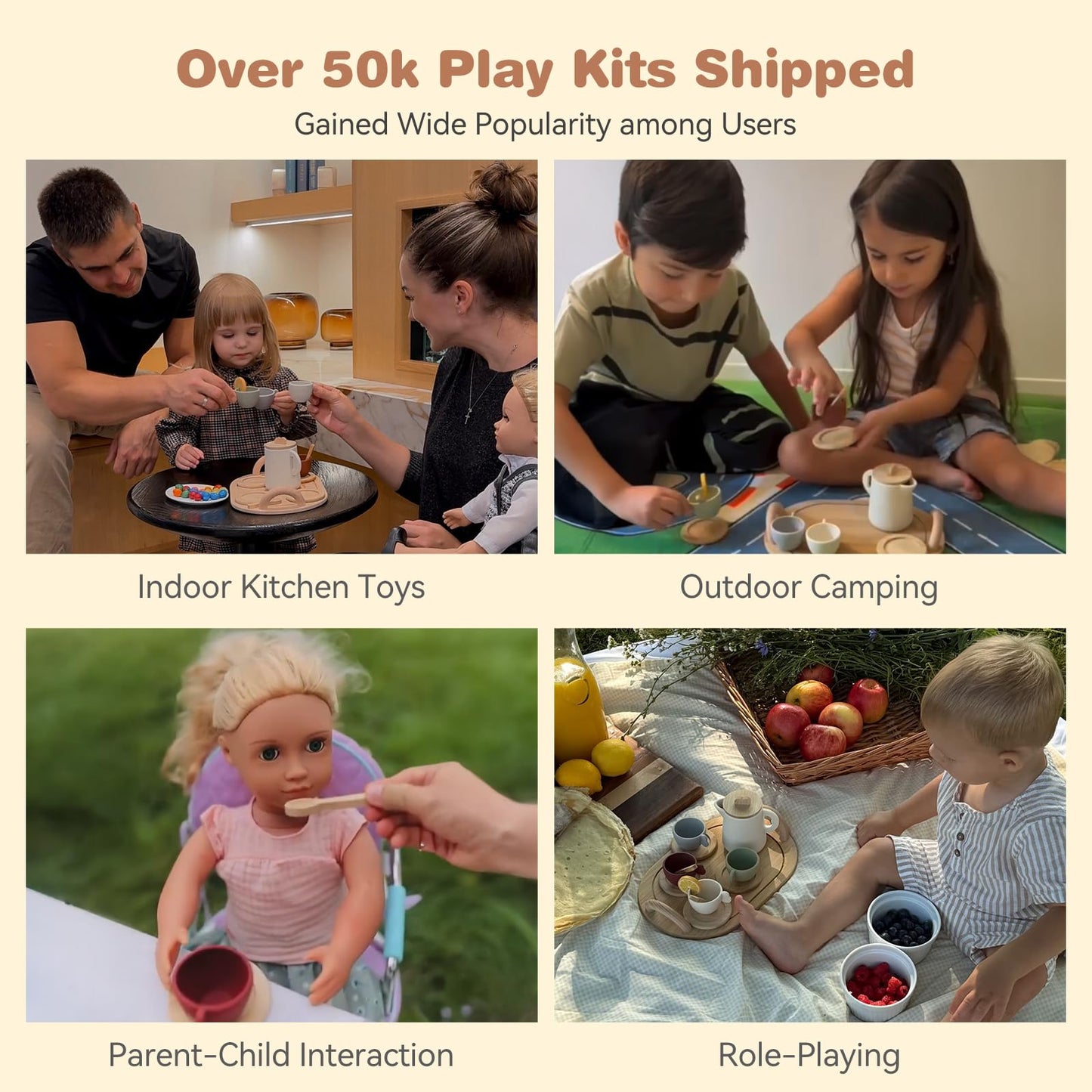 Wooden Tea Party Set for Little Girls 14pcs Toddler Tea Set with Silicone Teapot Cups Carrying Tray Scoop Kids Kitchen Accessories Pretend Play Wooden Toys for 3 4 5 6 Year Old Girl Birthday Gift