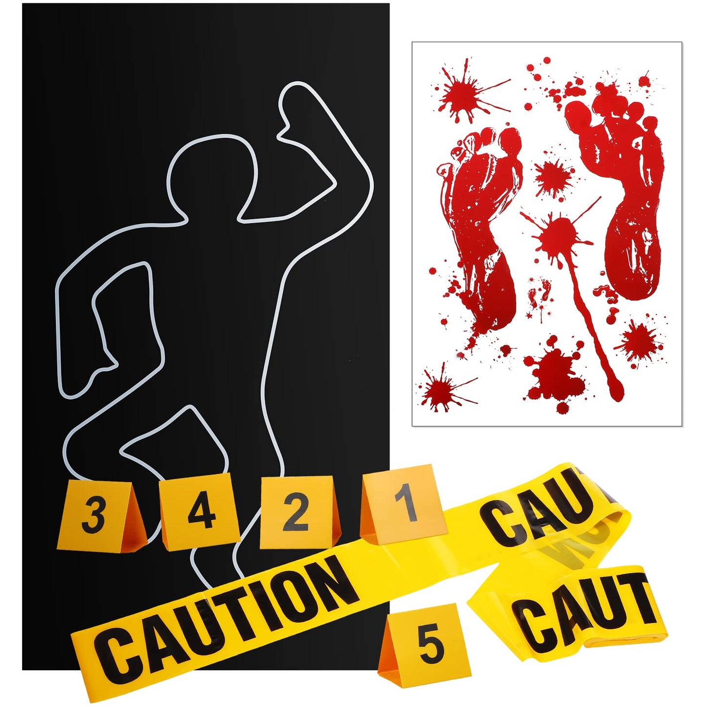8 Pieces Crime Scene Decorations Including Body Silhouette Caution Barricade Tape Evidence Markers and Bloody Footprint Sticker Evidence Party Decorations for Halloween Home Wall