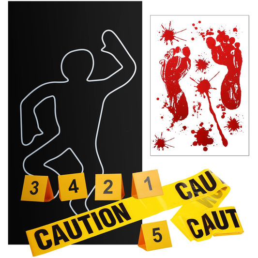 8 Pieces Crime Scene Decorations Including Body Silhouette Caution Barricade Tape Evidence Markers and Bloody Footprint Sticker Evidence Party Decorations for Halloween Home Wall