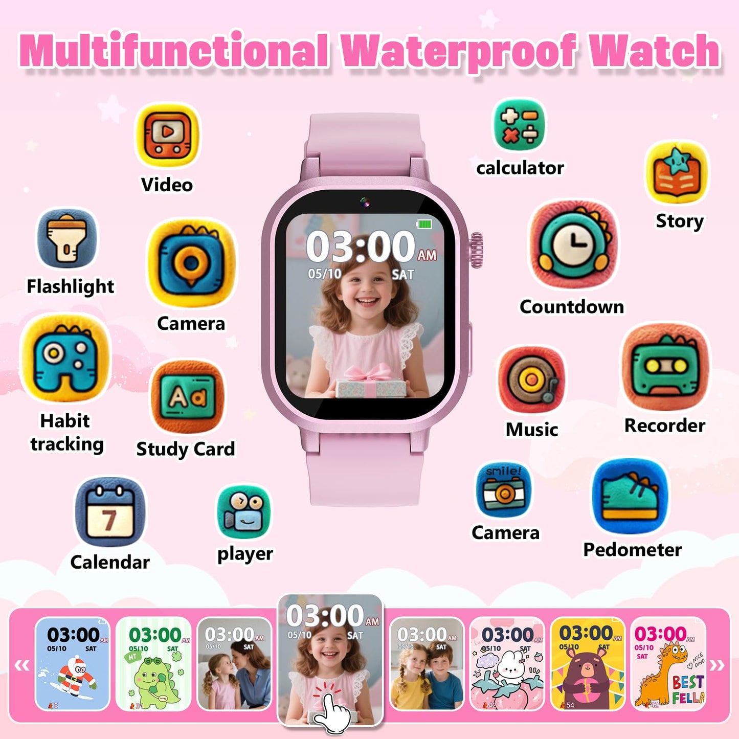 Wiszodet Kids Waterproof Smart Watch Girls Gift Age 3-12 with 39 Game HD Touch Screen Music Player Video Camera Pedometer Alarm Clock Birthday Gift for 6 7 8 9 Year Olds Pink