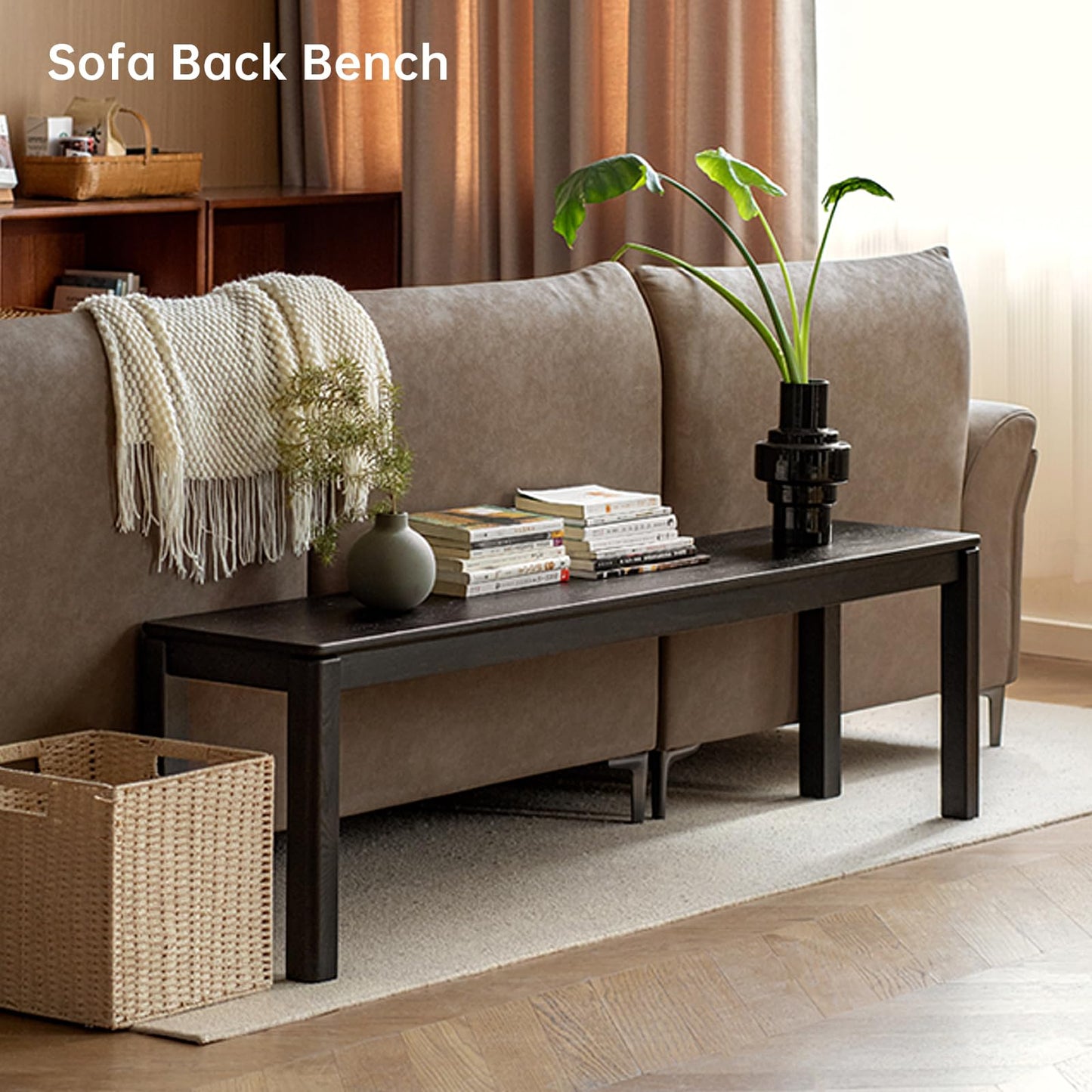 Wayshome 47.2'' 100% Solid Wood Dining Bench, Oak Wood Long Bench for Dining Table, End of Bed, Entryway, Hallway, Sofa Back, Suqare Bench for Dining Room Kitchen Bedroom Living Room, Black