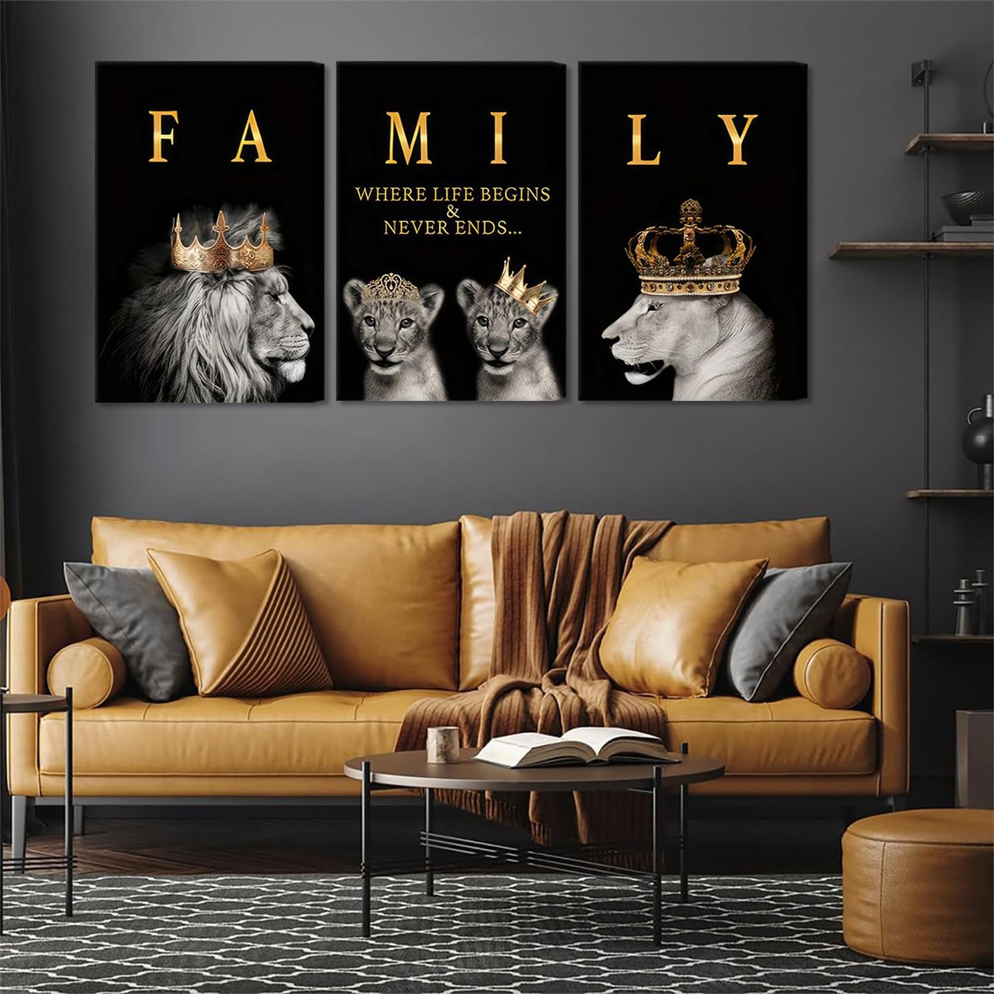 3Pcs Framed Lion Family Canvas Wall Art The Lion King and Queen with Gold Crown Poster Modern Motivational Black and White Animal Wall Decor Painting for Home Bedroom Living Room Office decoration