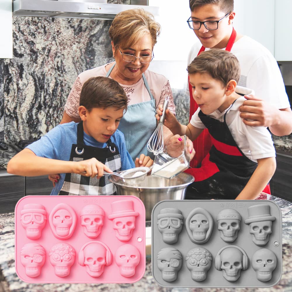 2 Pack 3D Skull Silicone Molds 8 Cavity Skull Themed Baking Mould Tray DIY Baking Tool for Chocolate Cake Dessert Candy Mousse Pastry Handmade Soap Cupcake Topper