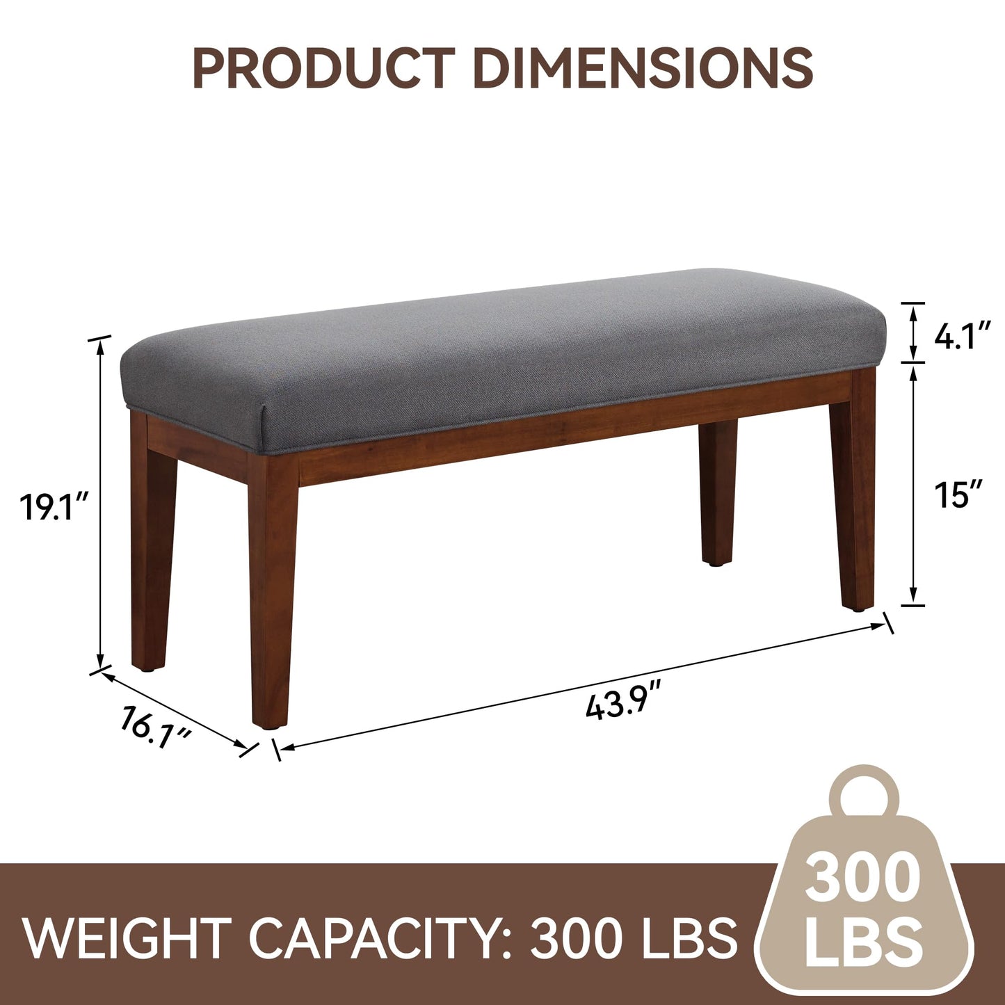 43.5'' Linen Bedroom Bench, Upholstered End of Bed Bench, Padded Vintage Dining Bench, Entryway Bench with Solid Wood Legs, Kitchen, Living Room, Hallway, Dark Grey