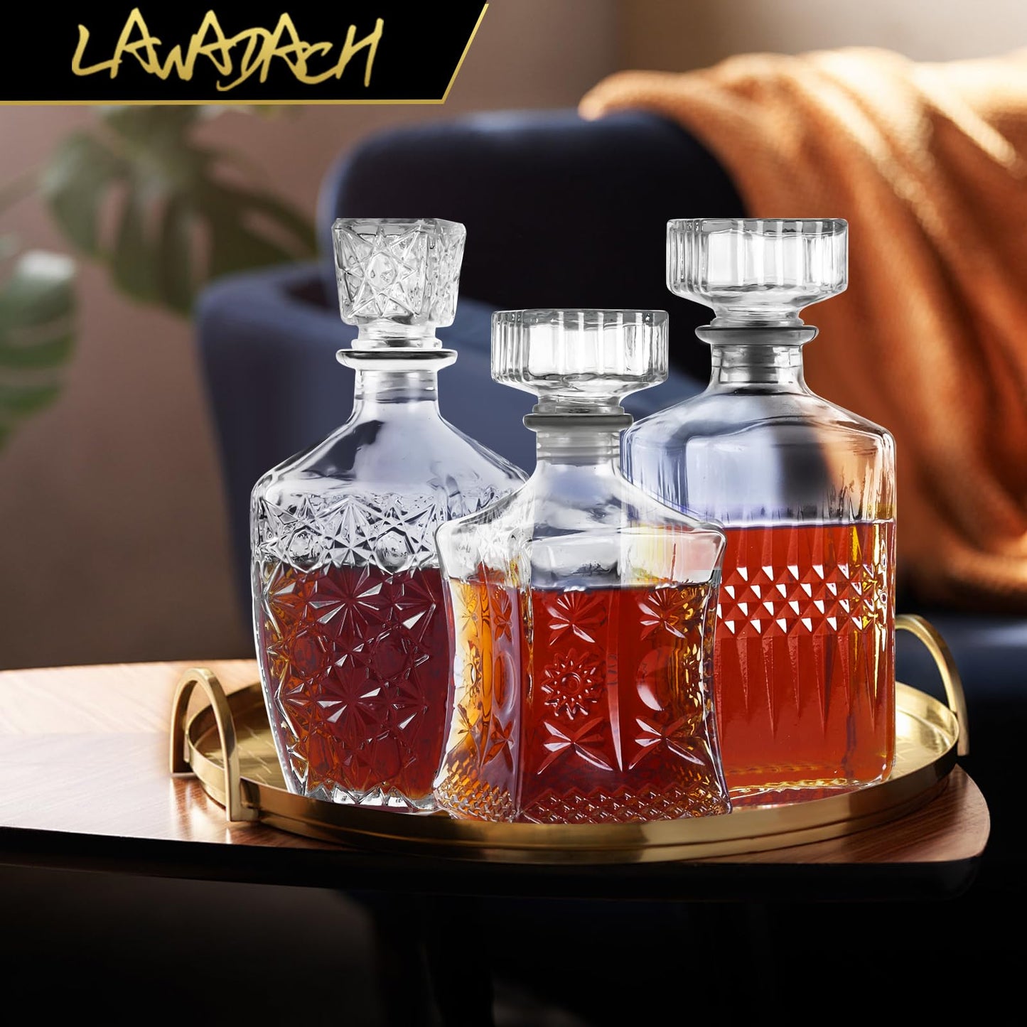Whiskey Decanter Set of 3 Glass Liquor Decanters, Alcohol Bottles with Airtight Decanter for Tequila, Vodka and Brandy Unique Whiskey presents for Man, Dad, Husband and Home Bar Decor (28oz*2, 31oz*1)