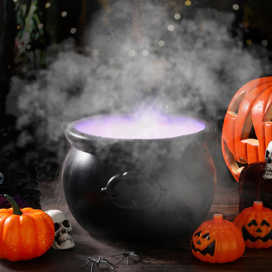 Wettarn Halloween Cauldron Decorations 8" Witch Plastic Smoking Cauldron Bowl with Handle Mist Maker Fogger 12 LED Lights Fog Machine Atomizer Large Smoking Pot Punch Bowl for Indoor Outdoor Parties