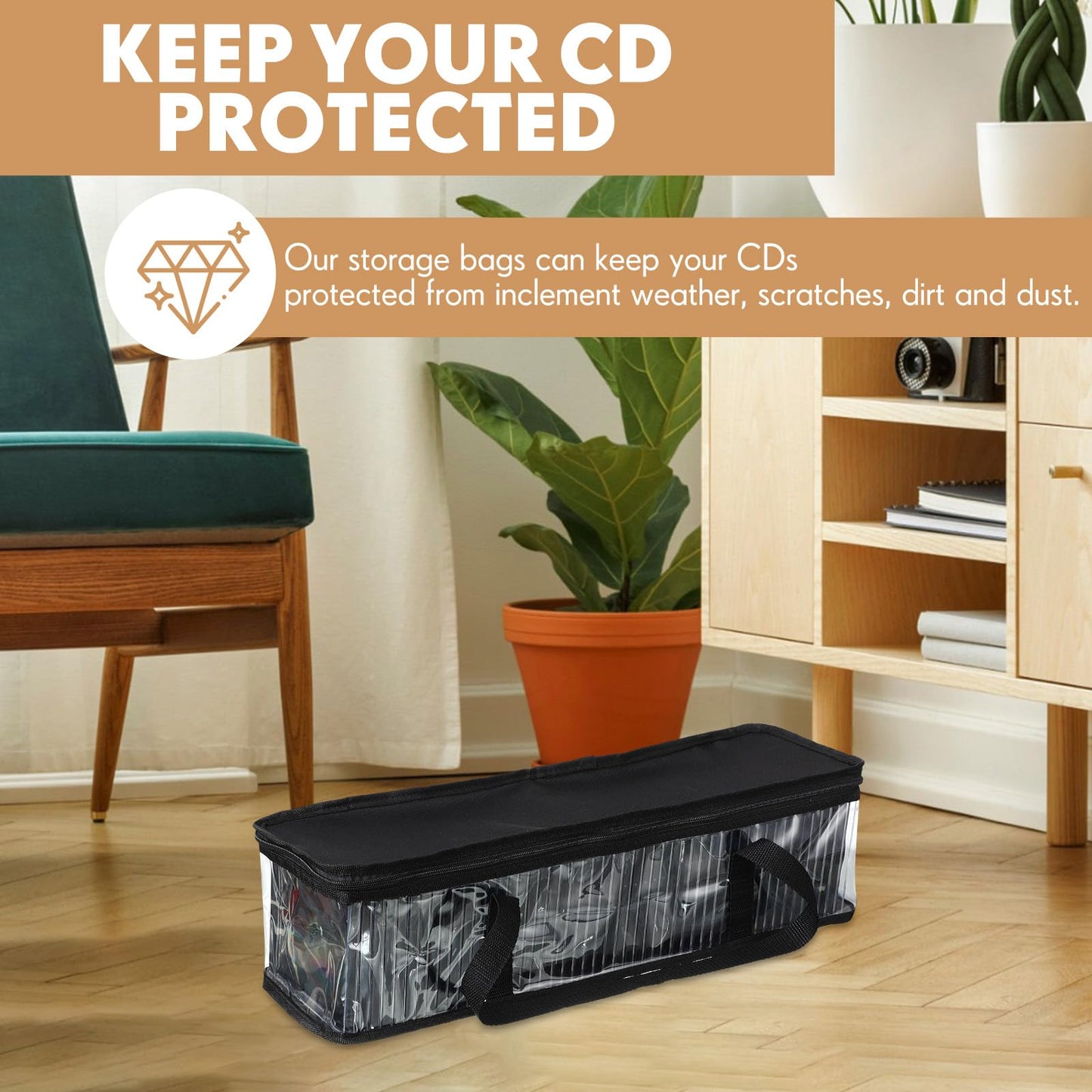 Woanger 10 Pieces CD Storage Bags Transparent PVC DVD Storage Cases Water Resistant CD DVD Holder with Handles and Zipper Clear Media Organizer for Albums Video Games(Black)