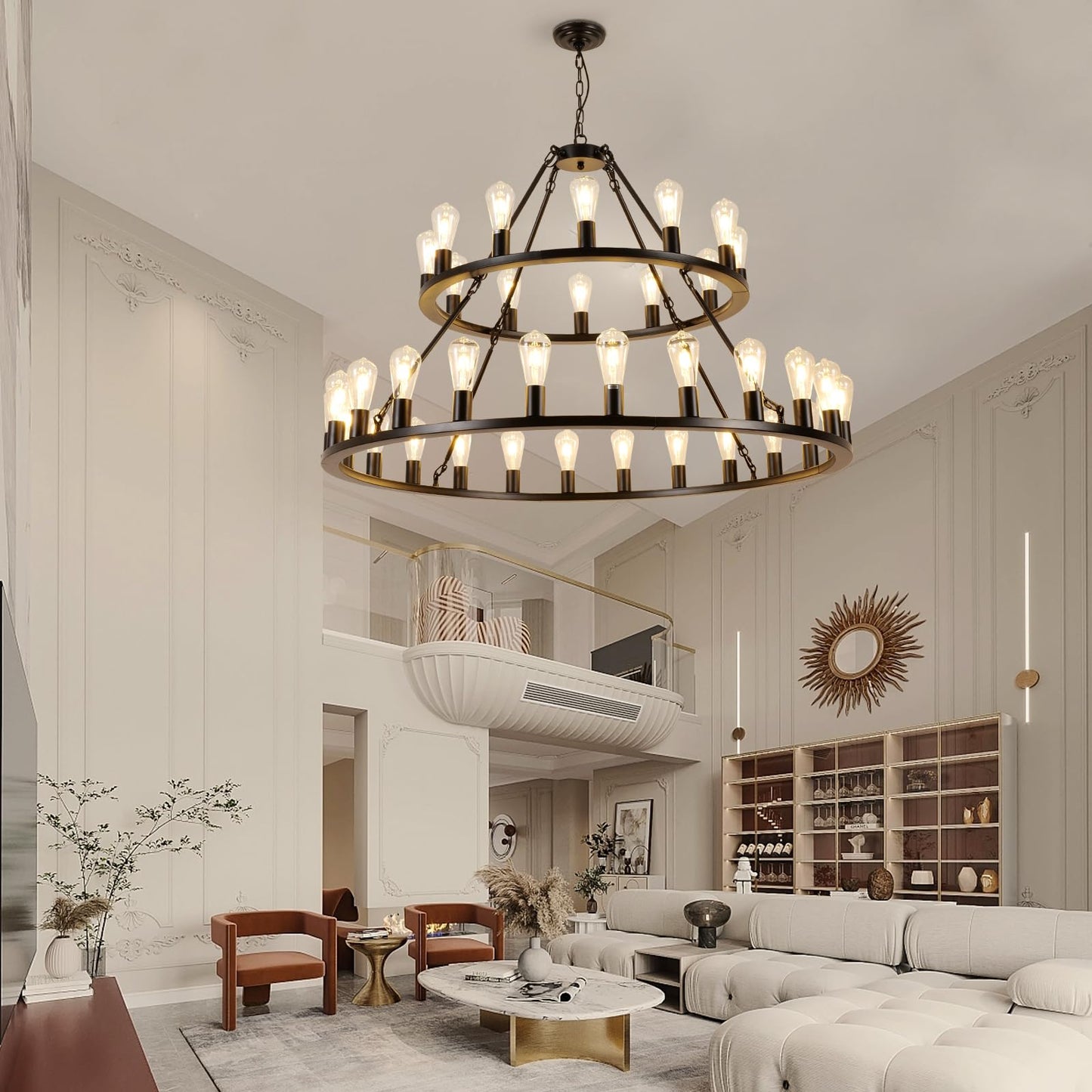 WOGON WEEL Wagon Wheel Chandelier 2 Tier 48-Inch 36-Light, Farmhouse Industrial Chandelier Black Rustic Pendant Light Fixture Extra Large for High Ceilings, Living Room Foyer